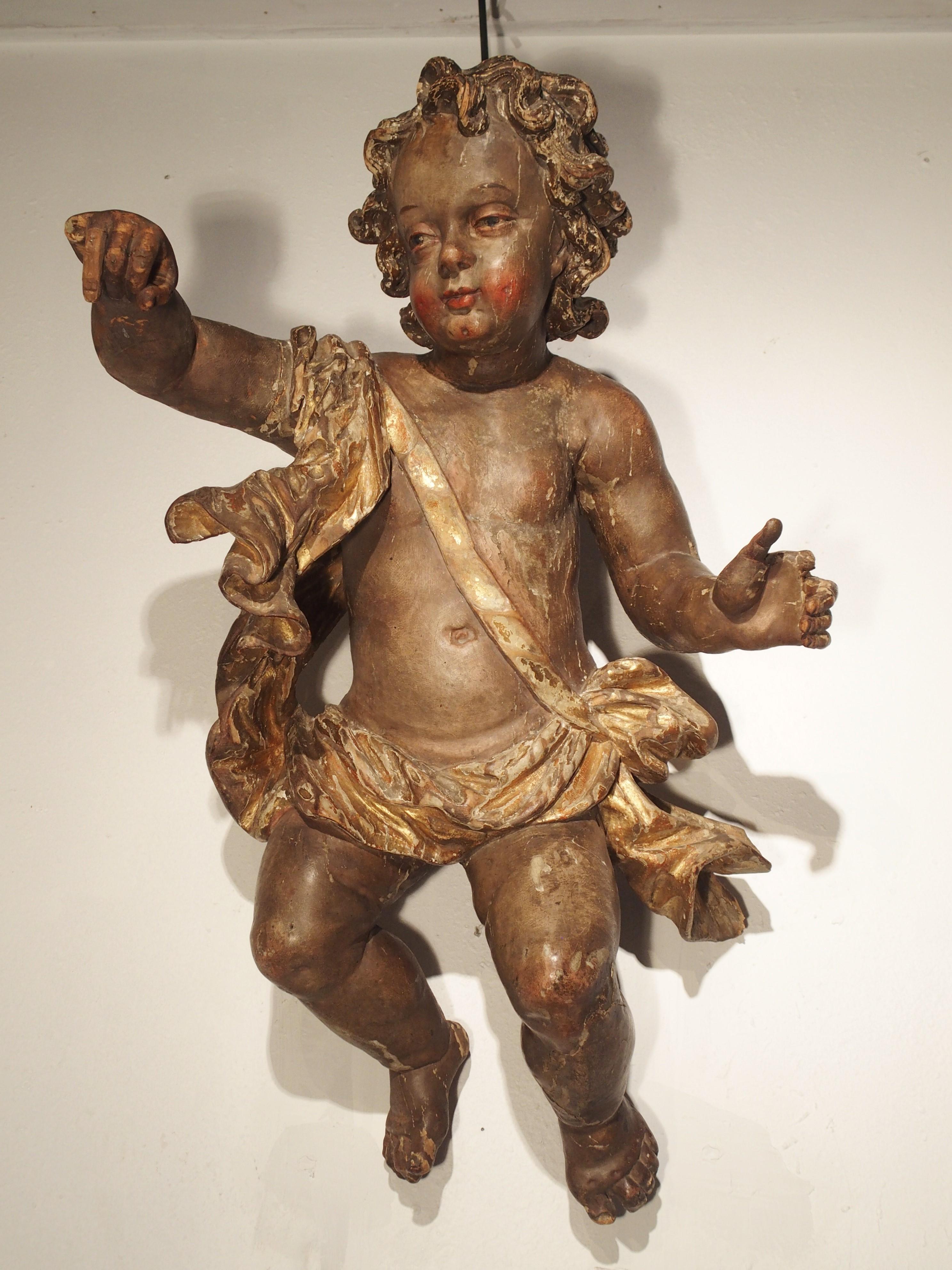 Large 18th Century Polychrome and Giltwood Cherub from Italy 12