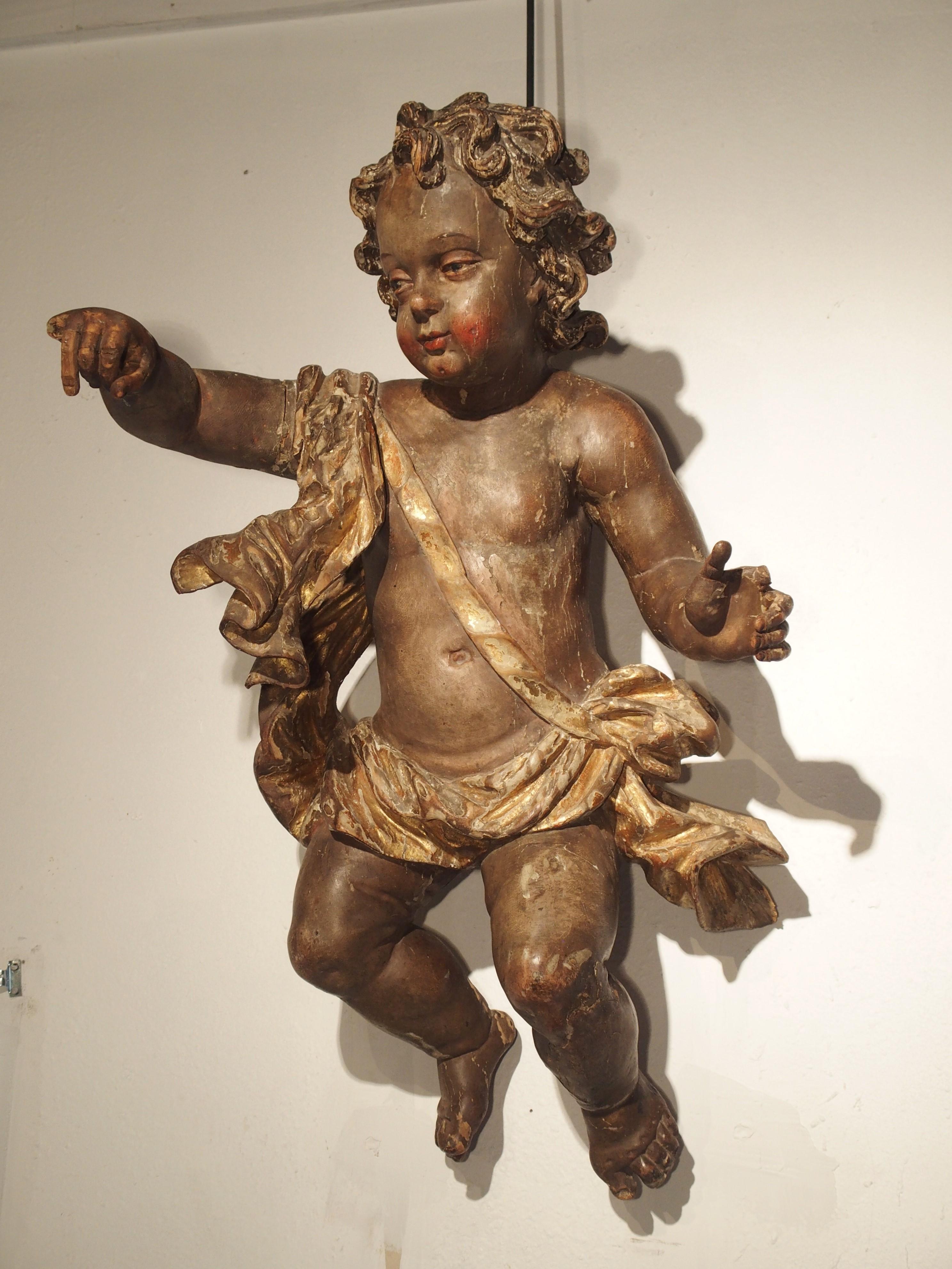 Hand-Carved Large 18th Century Polychrome and Giltwood Cherub from Italy