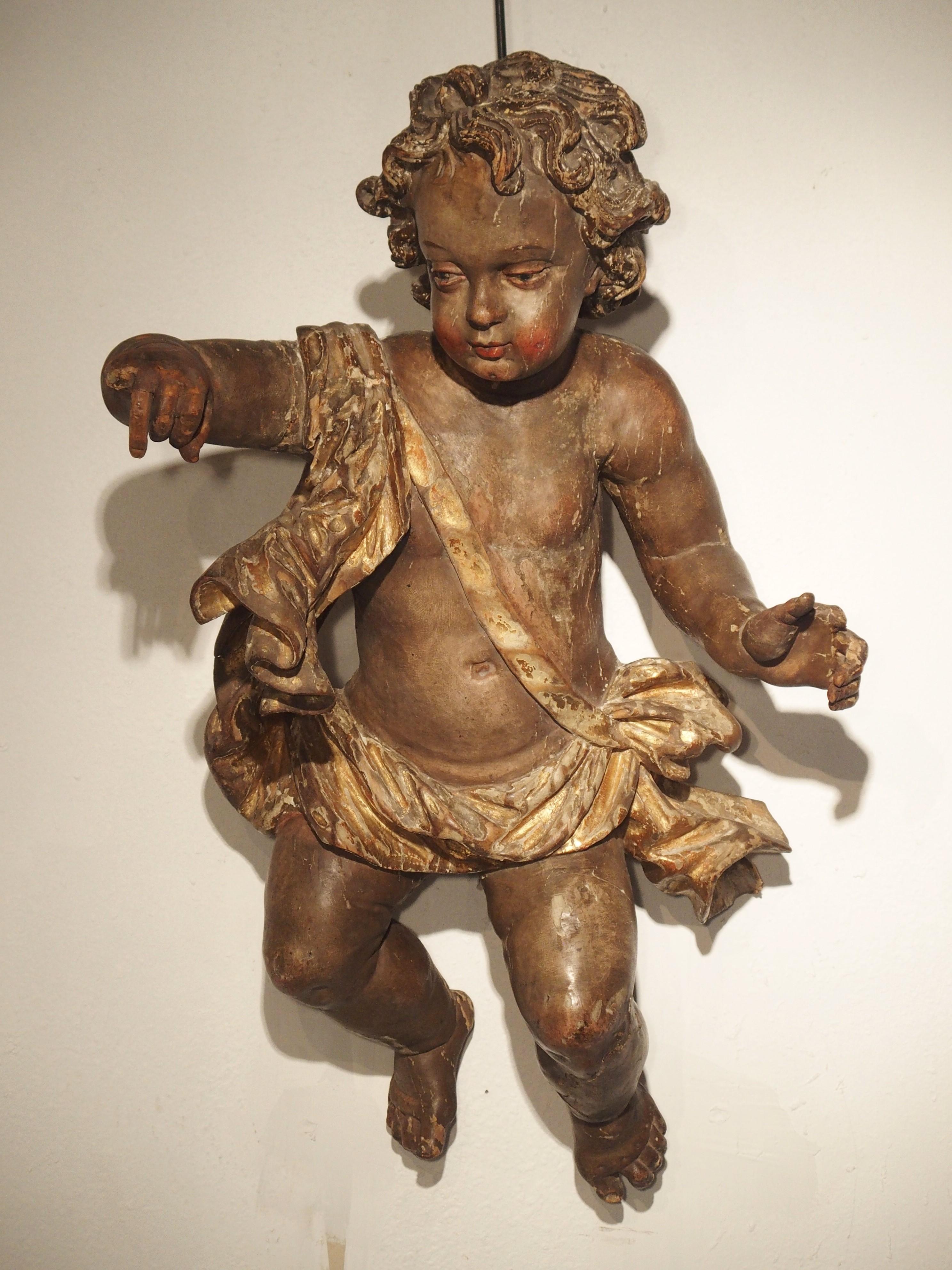 Large 18th Century Polychrome and Giltwood Cherub from Italy 1