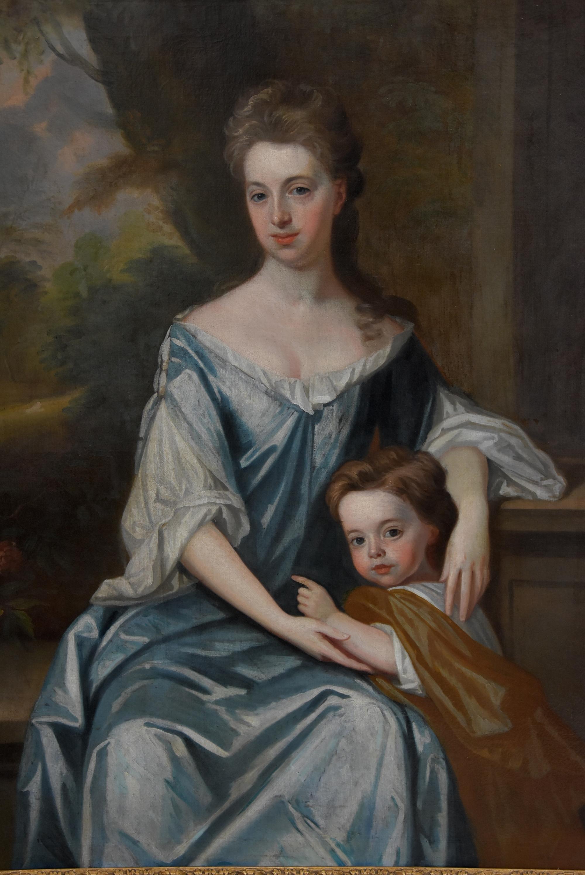 A large early 18th century portrait (1700-1720) oil on canvas 'Lady & Child' attributed to Michael Dahl (1659-1743).

This finely painted portrait depicts a seated young lady in blue silk dress with a child by her side with a landscape in the