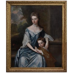 Large 18th Century Portrait Oil on Canvas 'Lady & Child'