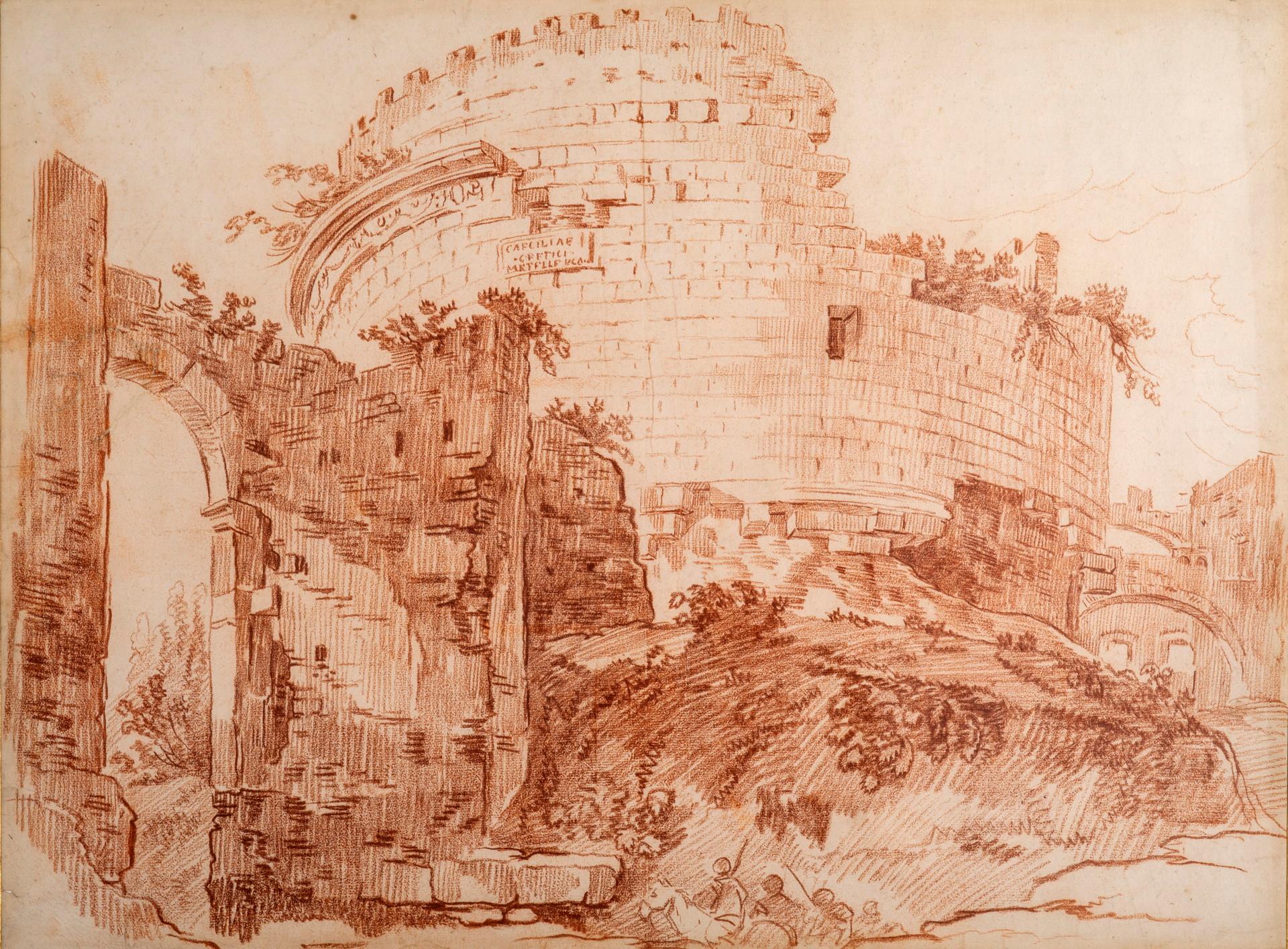 Das Grabmal der Caecilia Metella, Rom.
Rote Kreide auf Papier.
Provenienz: H. Shickman Gallery, New York (D1311). Label verso, wo Hubert Robert gegeben.

Diese prächtige Zeichnung ist eine zeitgenössische und direkte Kopie einer Zeichnung, die