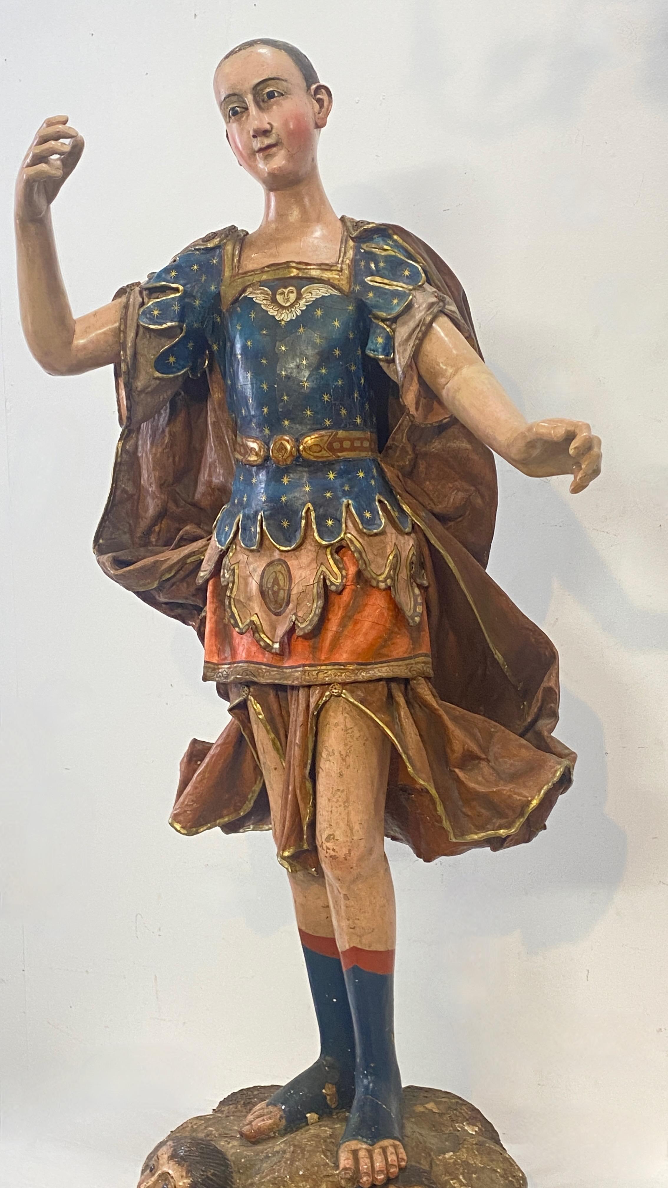 Hand-Painted Large 18th Century Spanish Colonial Santo Statue For Sale
