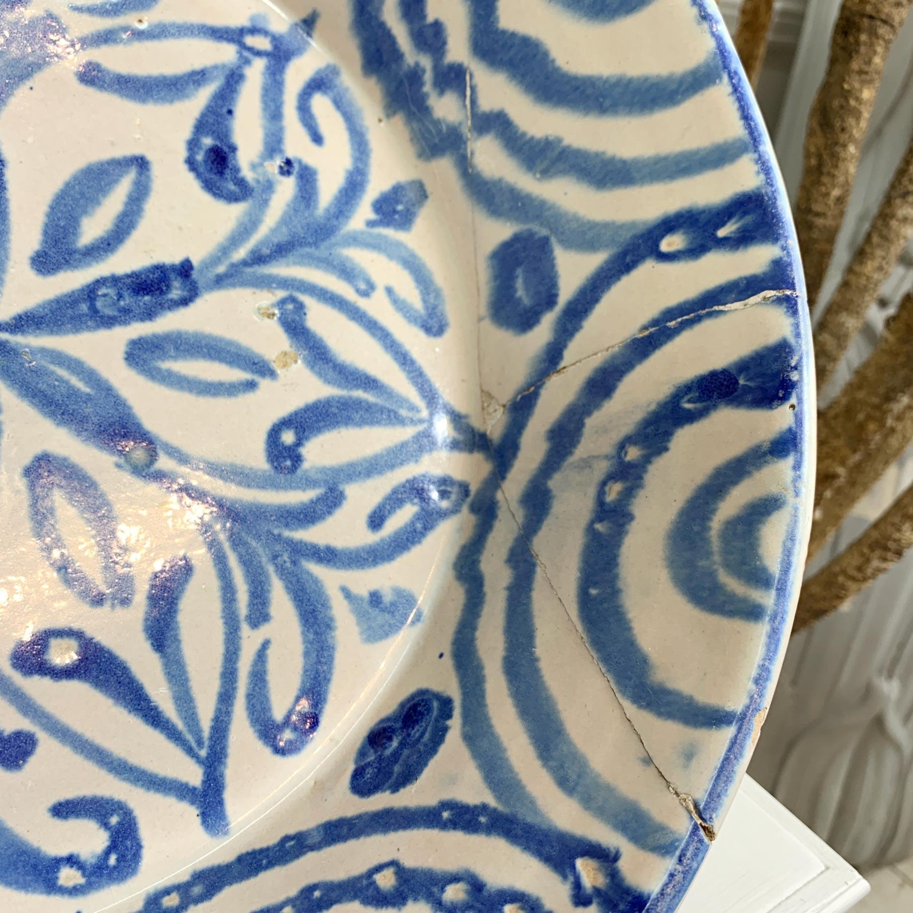 Hand-Painted Large 18th C Blue and White Spanish Lebrillo Bowl For Sale