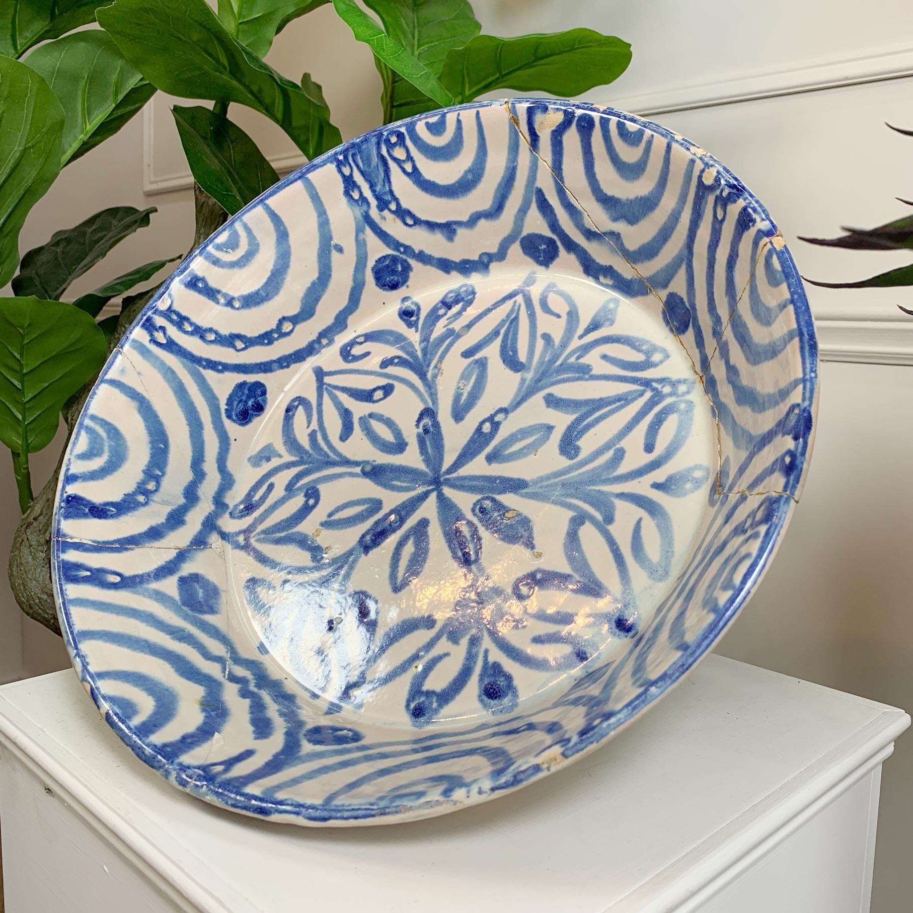 Ceramic Large 18th C Blue and White Spanish Lebrillo Bowl For Sale