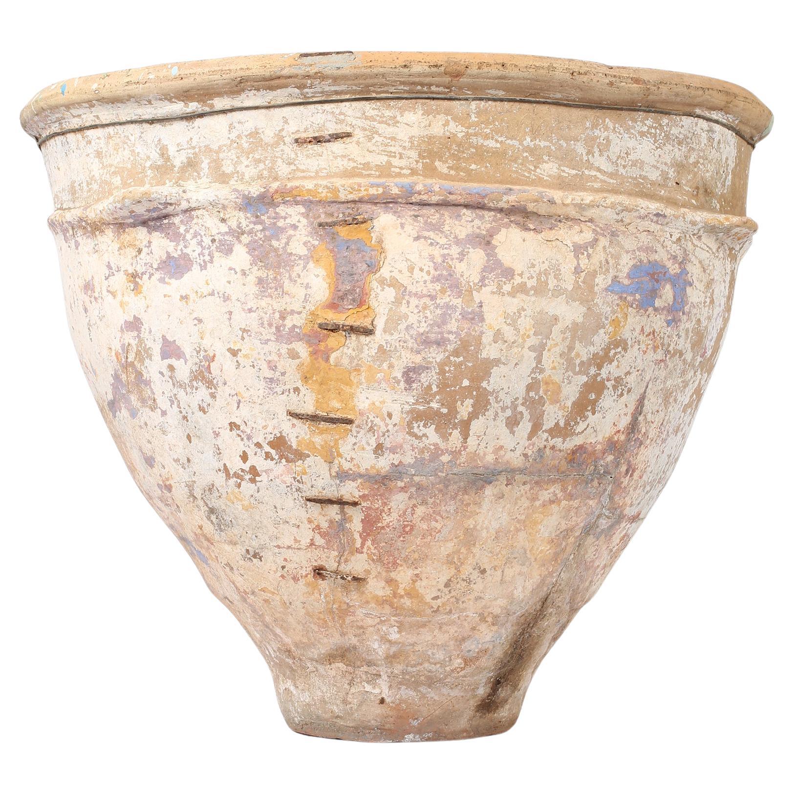 Large 18th Century Spanish Wabi Sabi Stapled Jar From Ciudad Real