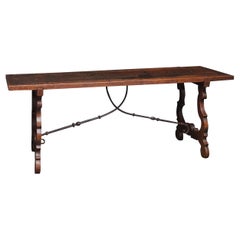 Antique Large 18th Century Spanish Walnut Refectory Kitchen or Dinner Table on Lyre Legs