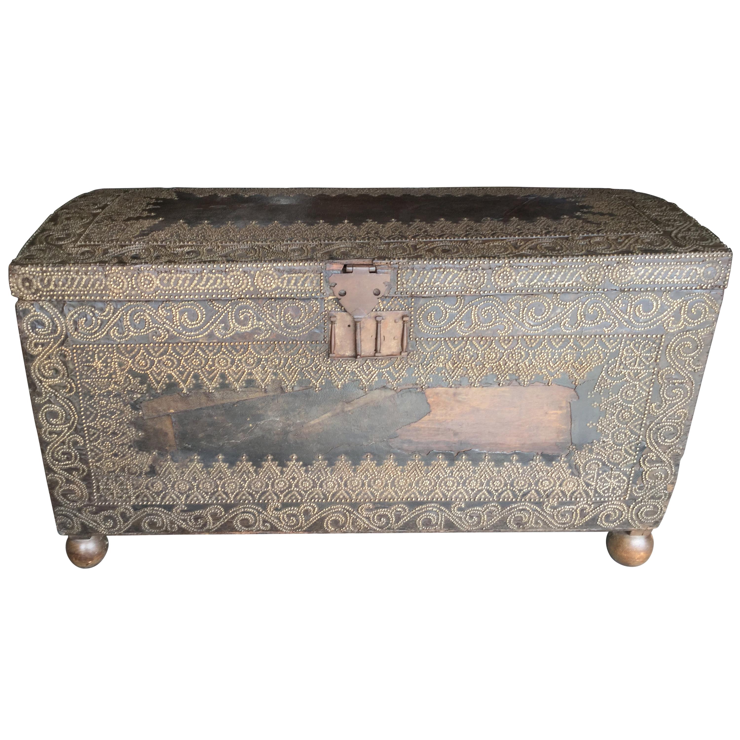 Large 18th Century Spanish Wooden, Leather & Brass Trunk