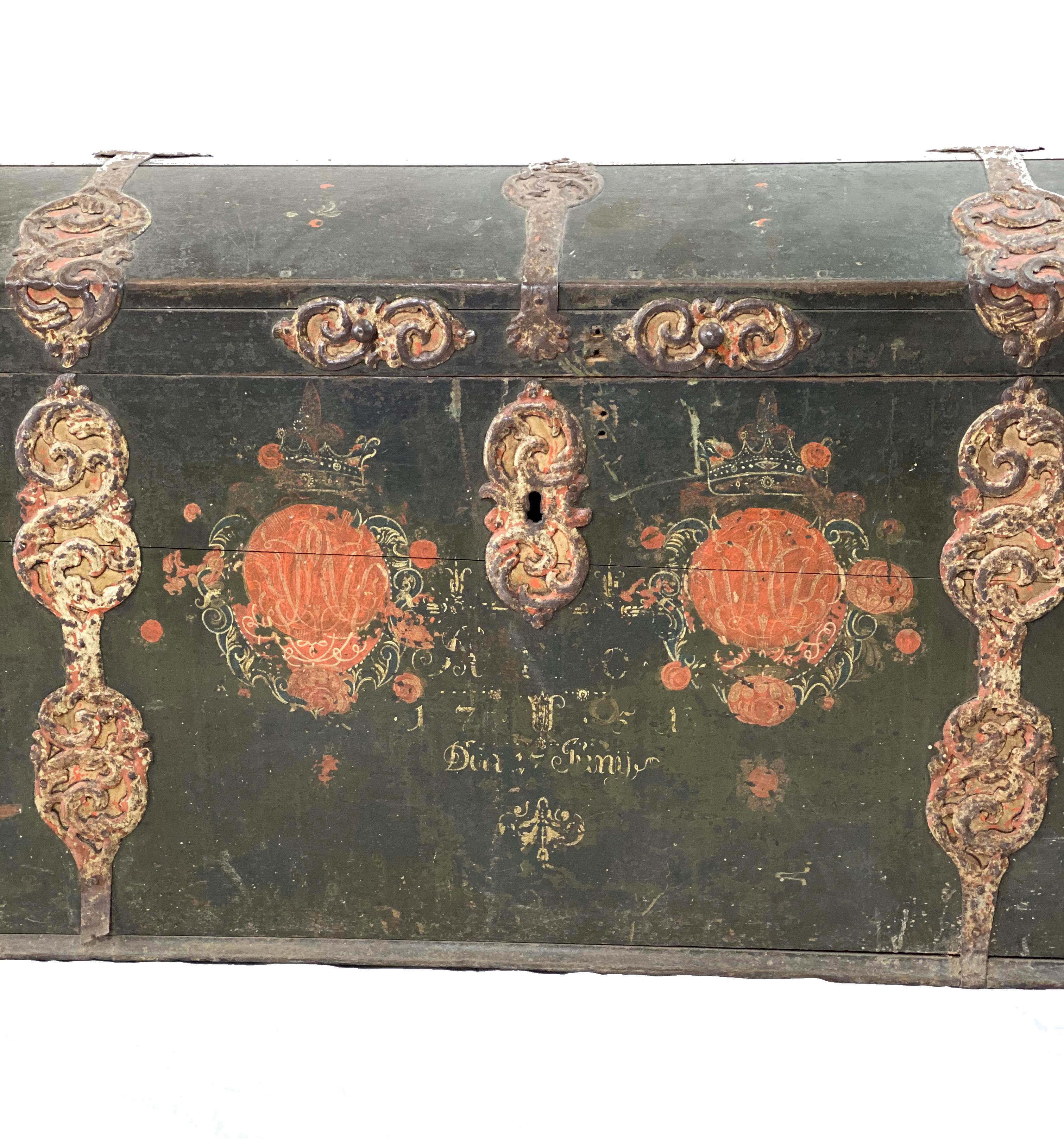 Huge 18th century Swedish wedding chest, possibly from royal family. Note inside trunk reads... with mirror monogram and year 1751. Bought by Linder from Selso at Lauritz Christensen auction house in 1972. 
Gorgeous hardware.