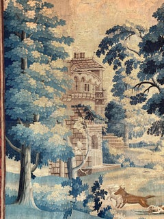 Large 18th Century Verdure Tapestry with Pastoral Scene and Wolf Attack