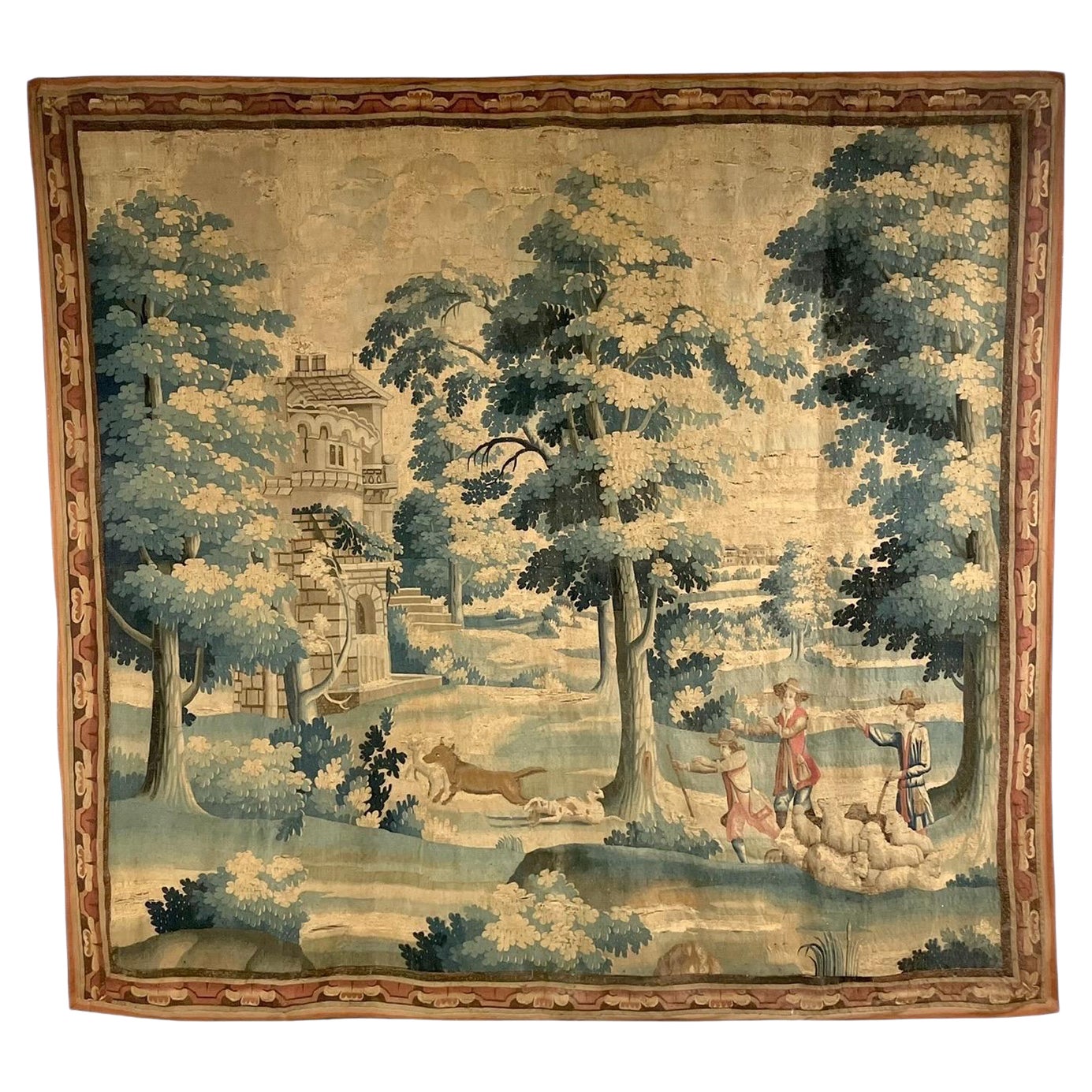 Großer Verdure-Wandteppich des 18. Jahrhunderts mit Schäferszene und Wolfsangriff