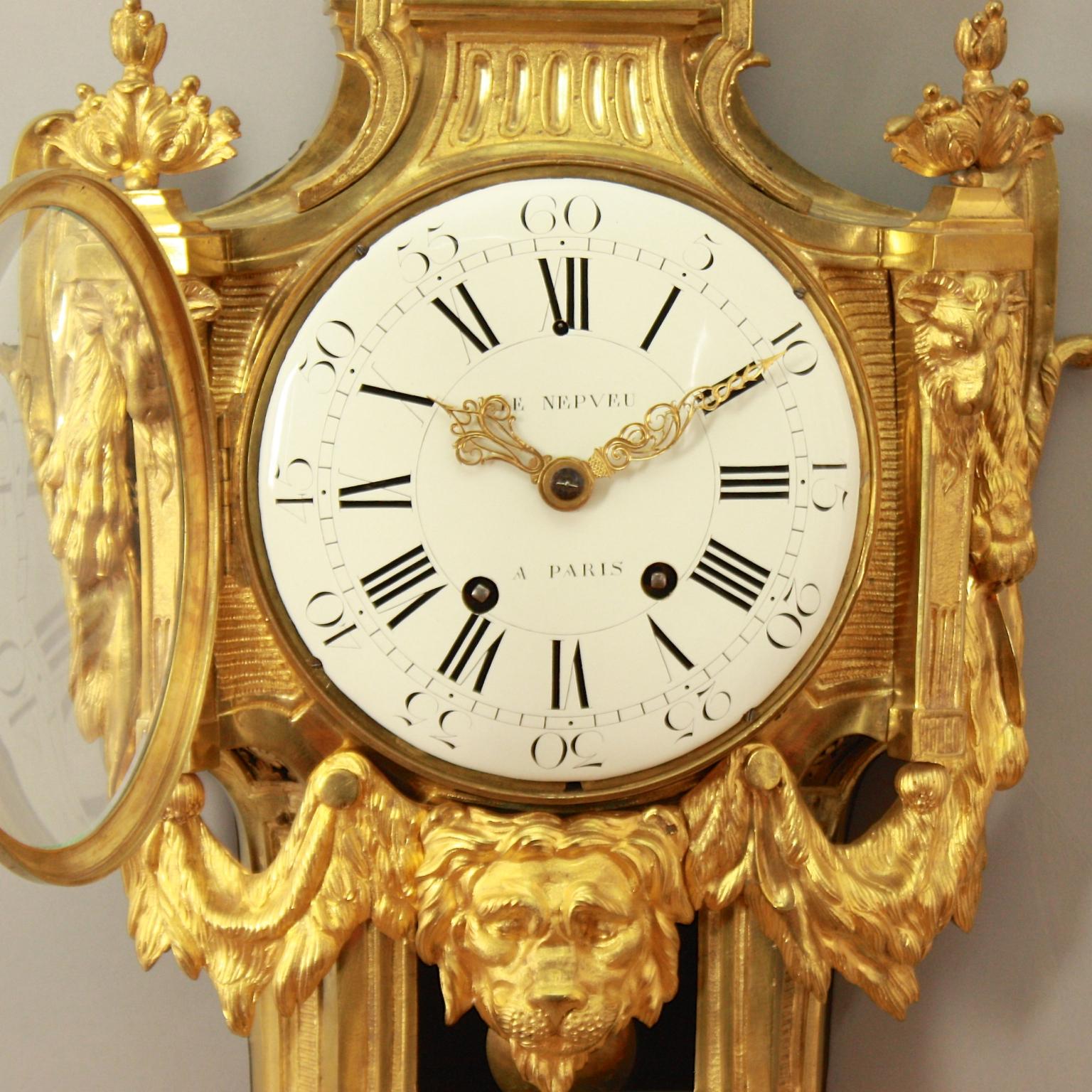 Gilt Large 18th Century French Bronze Louis XVI Lion Mask Wall Clock Signed Le Nepveu