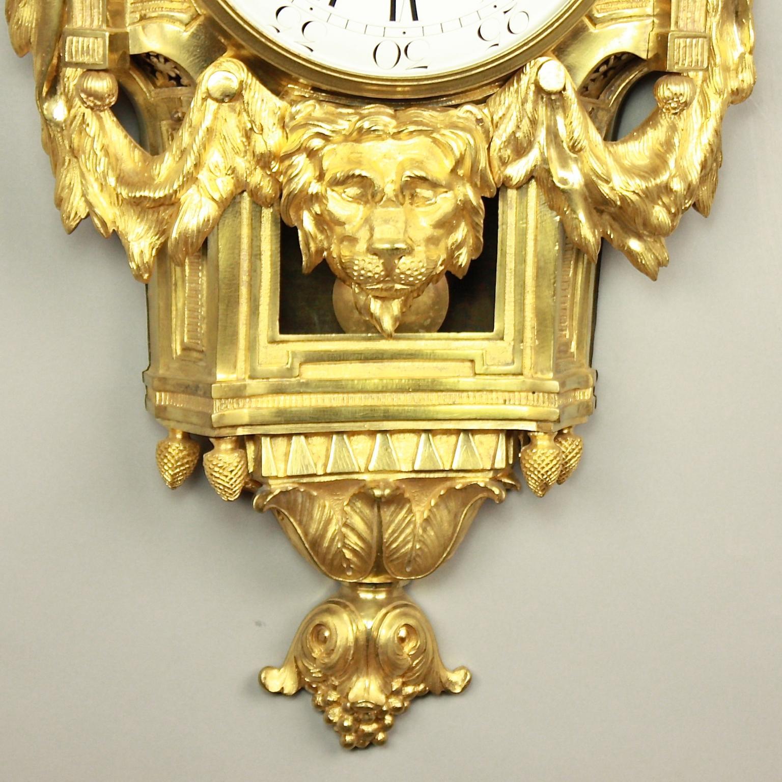 Large 18th Century French Bronze Louis XVI Lion Mask Wall Clock Signed Le Nepveu In Good Condition In Berlin, DE
