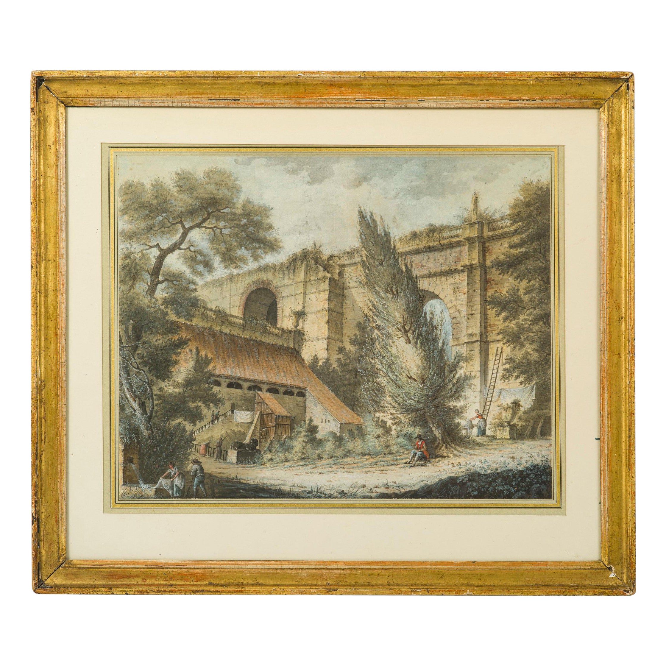 Grande aquarelle du XVIIIe siècle représentant un paysage romain par Alexis N. Perignon