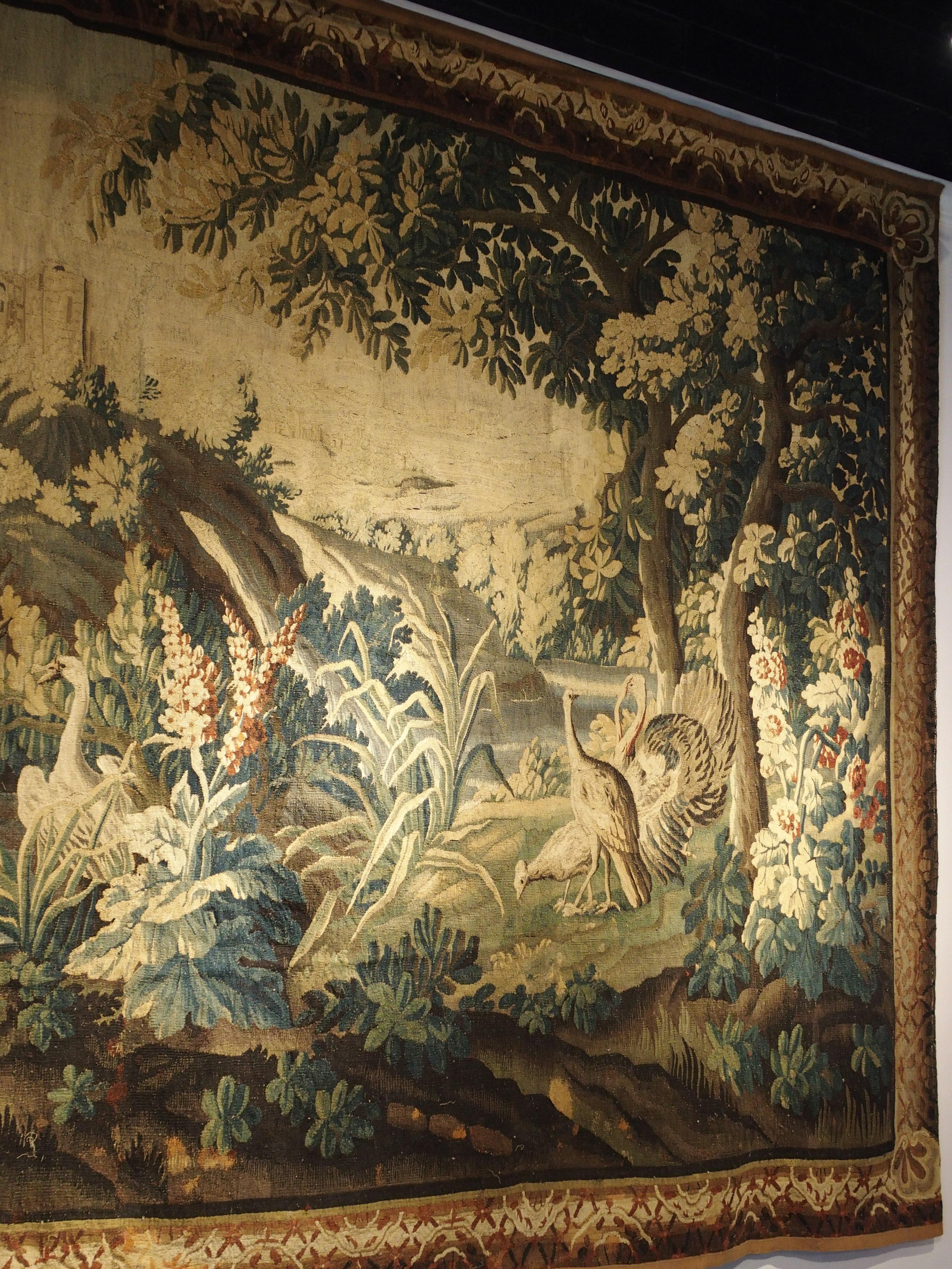 Large 18th Century Wool and Silk Verdure Landscape Tapestry from Flanders (18. Jahrhundert und früher)