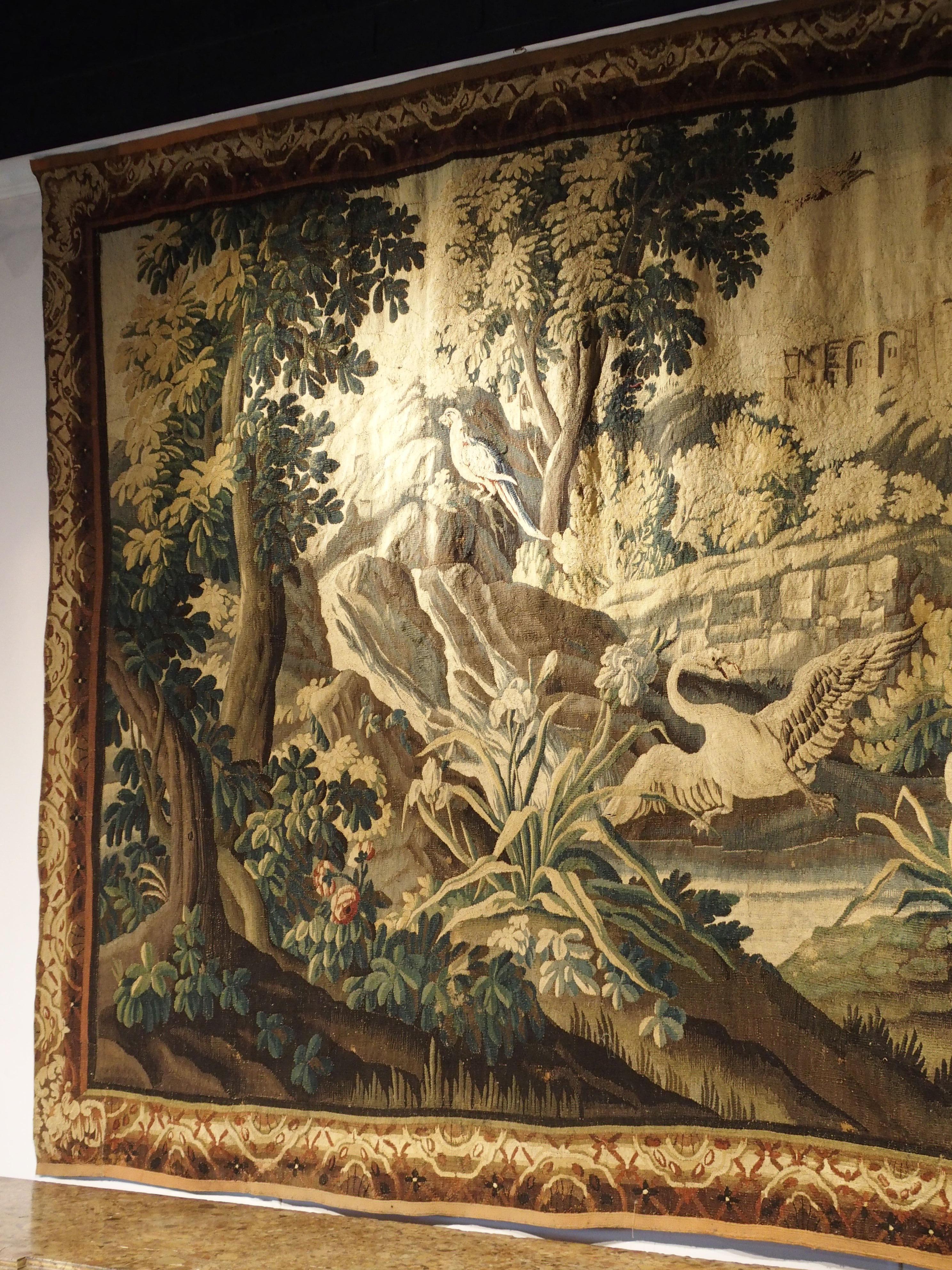 Large 18th Century Wool and Silk Verdure Landscape Tapestry from Flanders In Good Condition In Dallas, TX