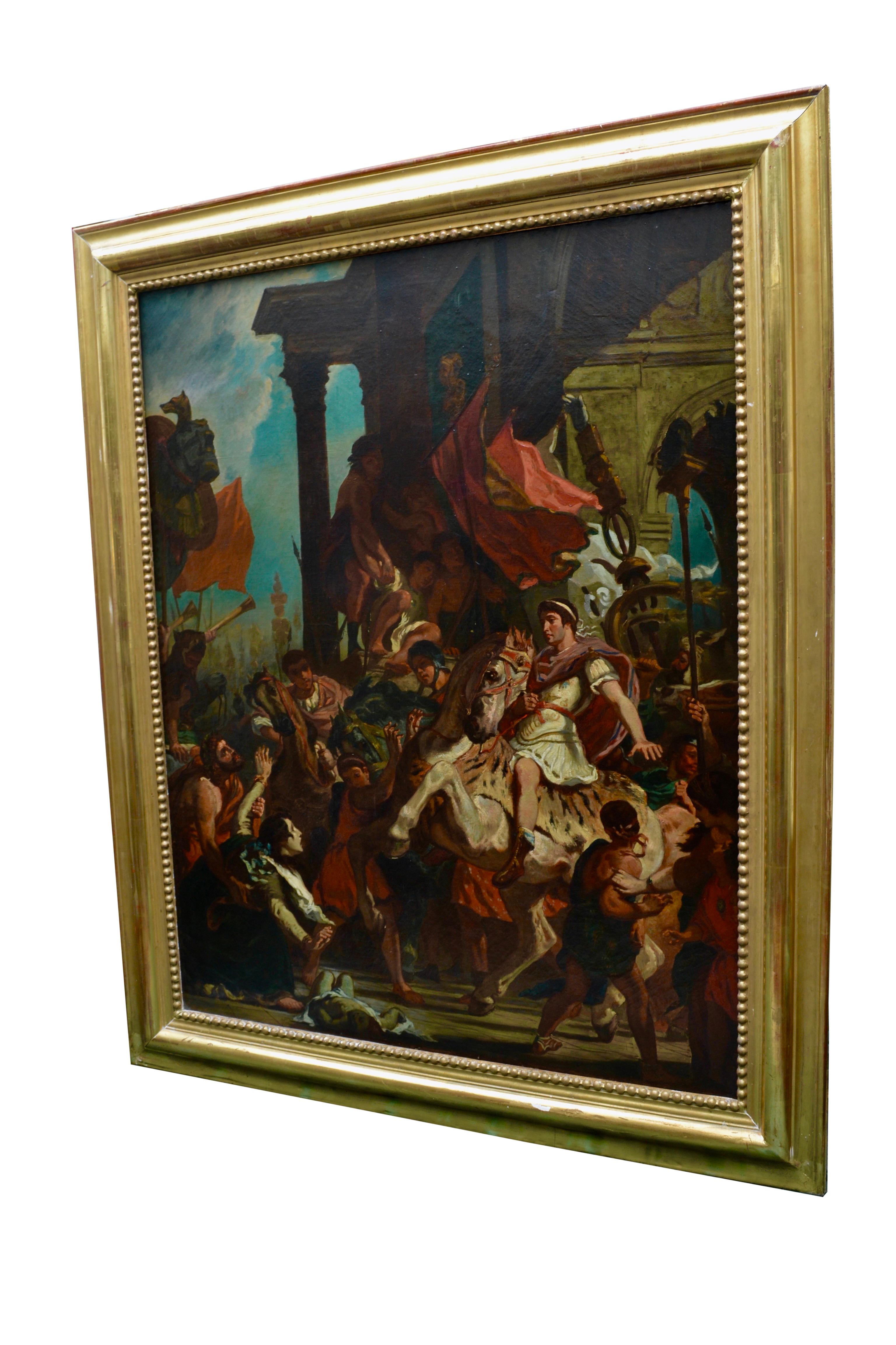 A large dramatic and colorful painting of the young emperor Trajan on rearing horseback entering Rome amid a chaotic mass of young and old people all round him. Many beg him for help as his supporters try and keep them away from him. Roman arches