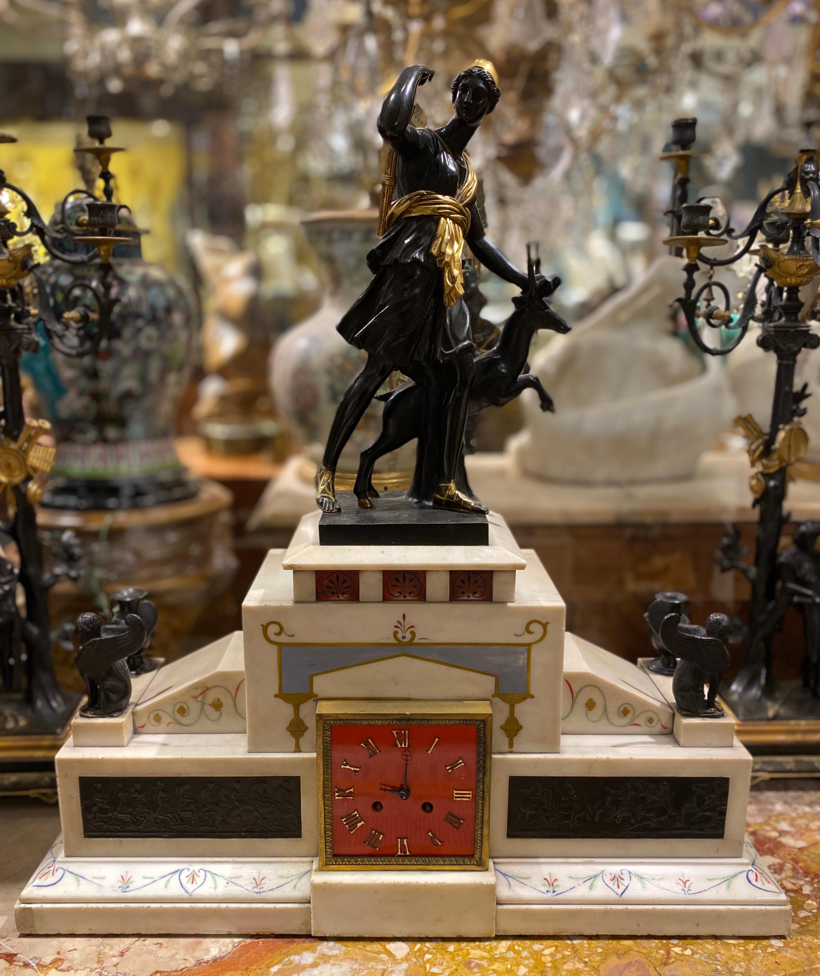 Italian Large 19th Century Neoclassical Figural Bronze and Marble Mantle Clock For Sale