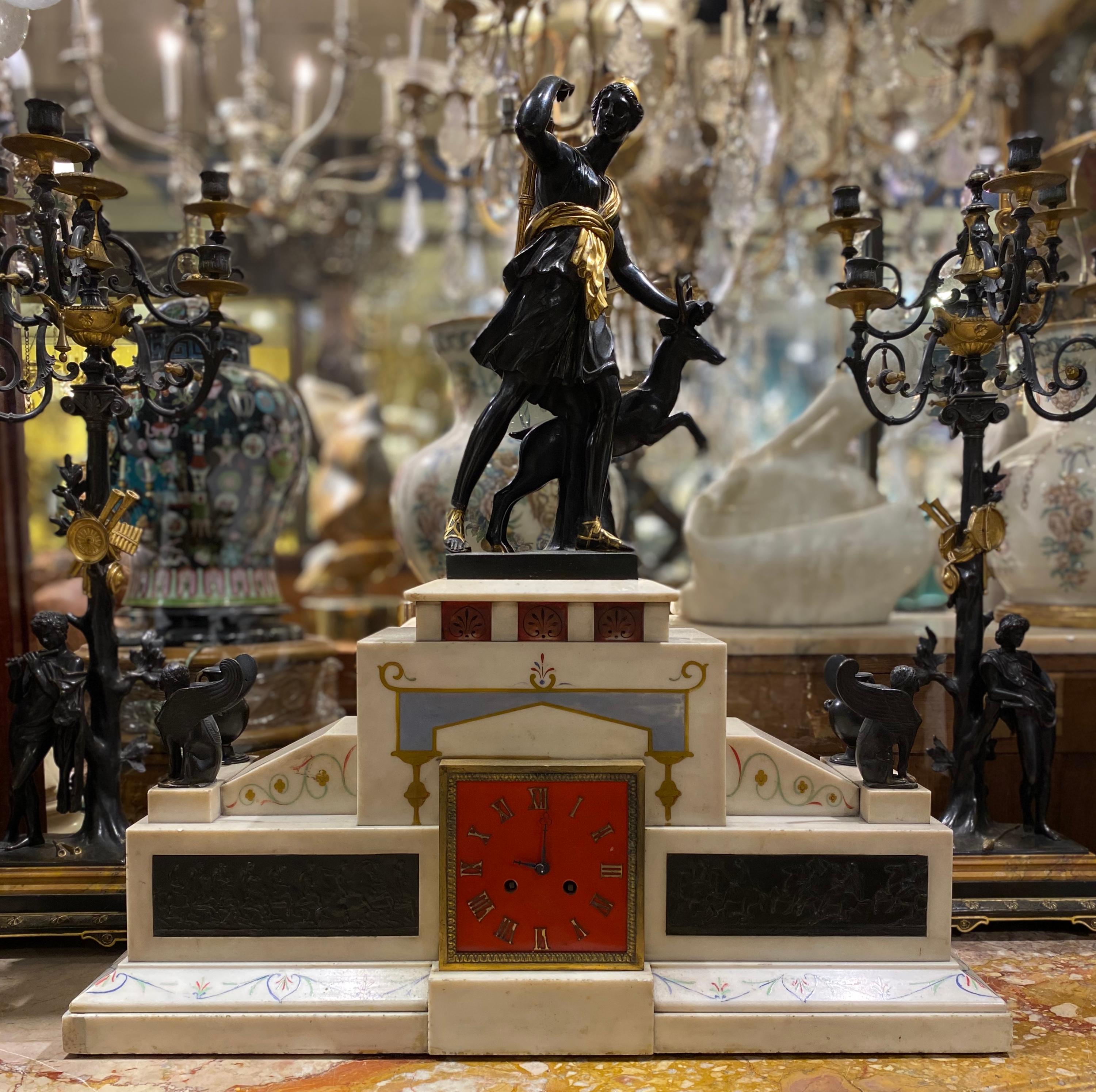 Painted Large 19th Century Neoclassical Figural Bronze and Marble Mantle Clock For Sale