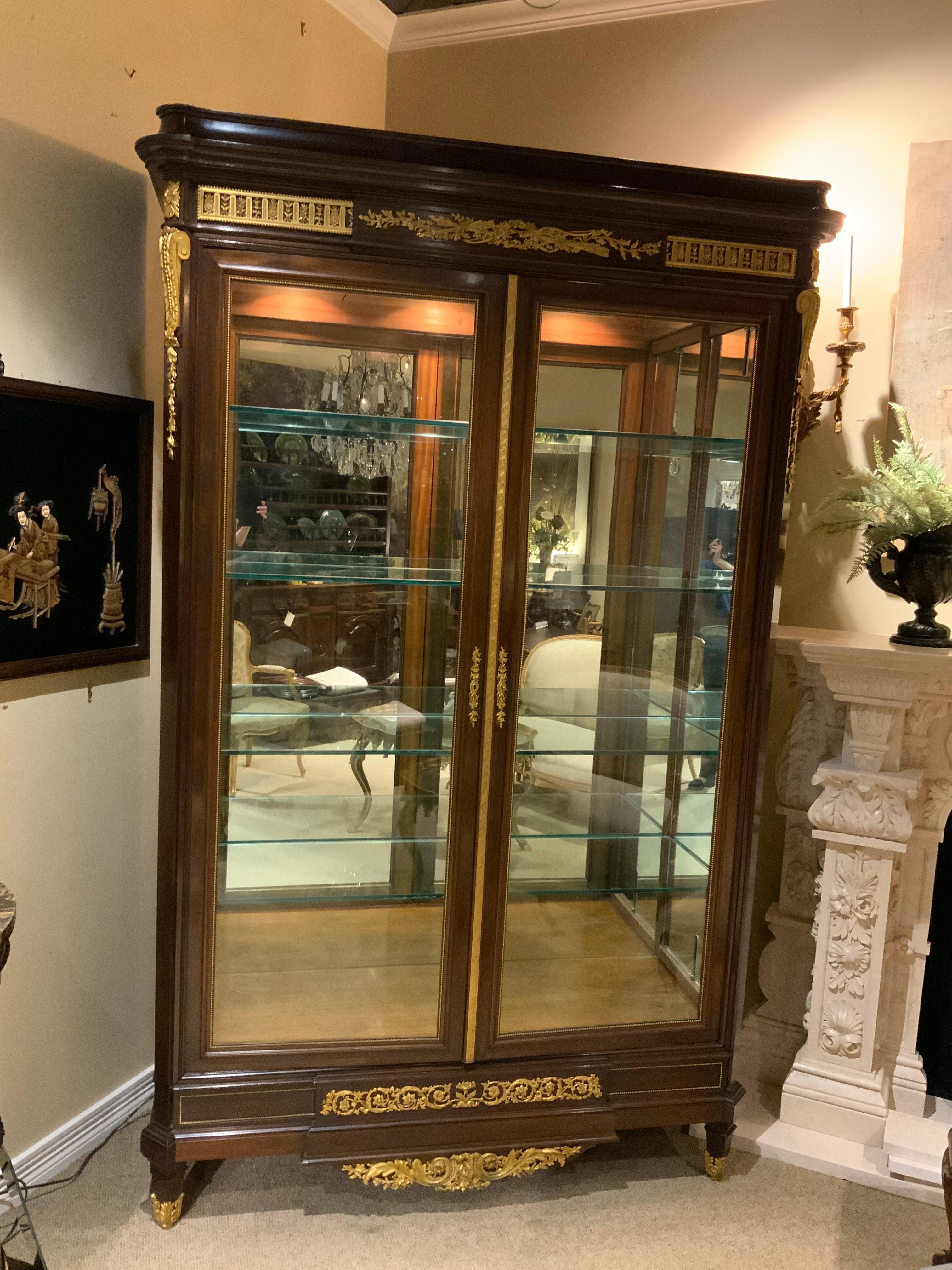 19th Century Large 19th C. Mahogany Display Cabinet Lighted, Mirror Back, Louis XVI-Style For Sale