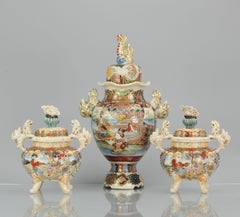 Large 1900-1930 Satsuma Antique Garniture Japanese Colorful Vases, Japan