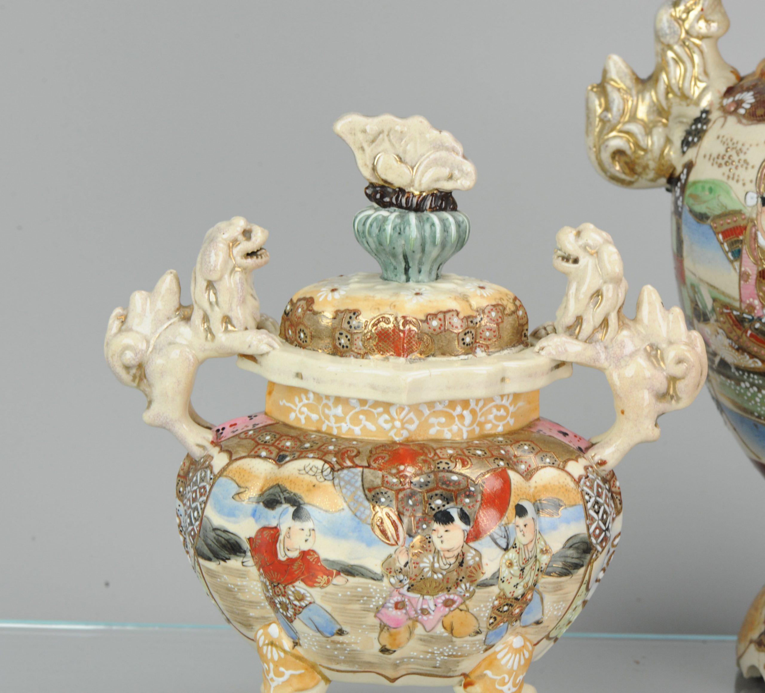 Chinese Large 1900-1930 Satsuma Antique Garniture Japanese Colorful Vases, Japan For Sale