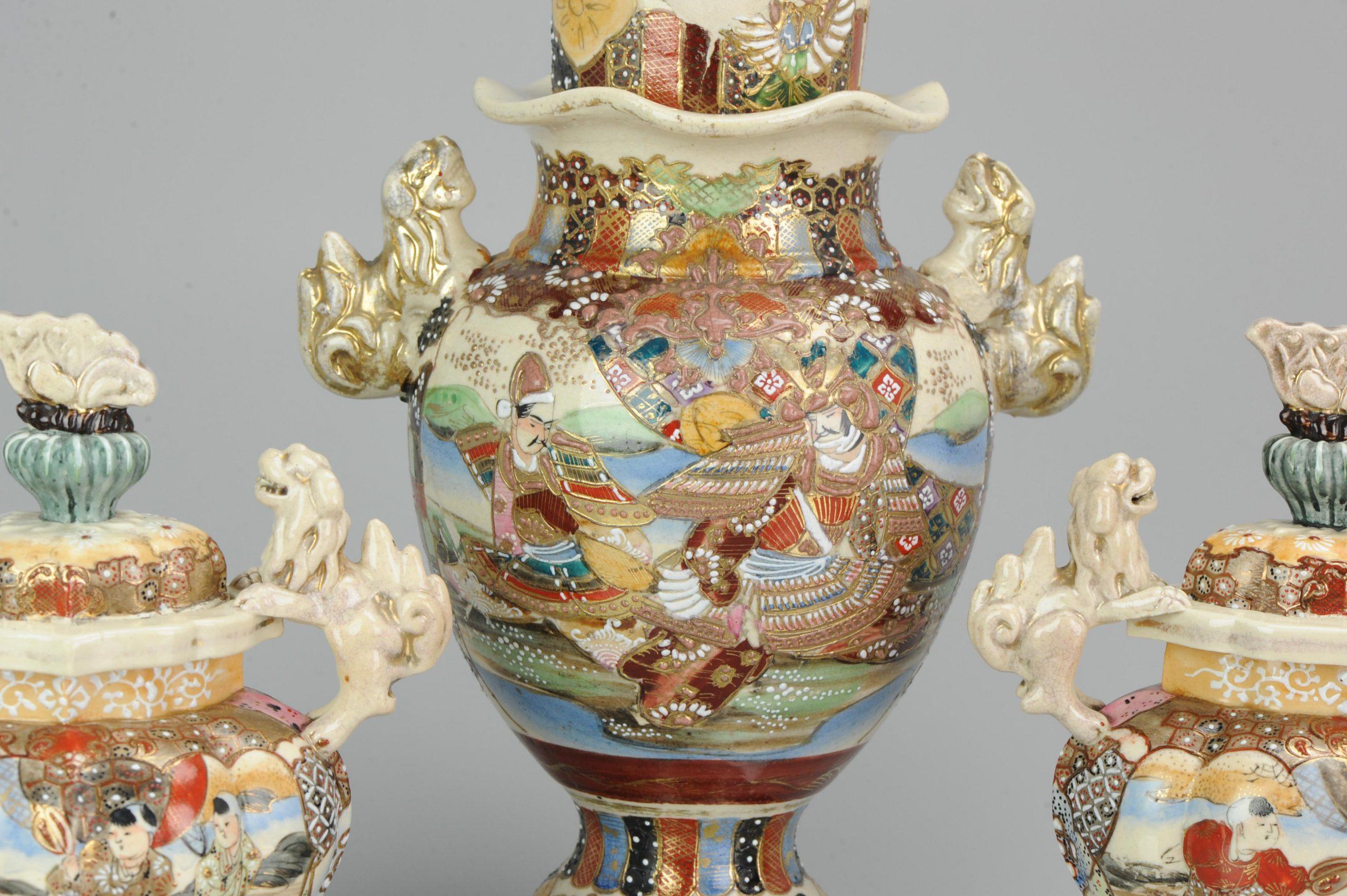 20th Century Large 1900-1930 Satsuma Antique Garniture Japanese Colorful Vases, Japan For Sale
