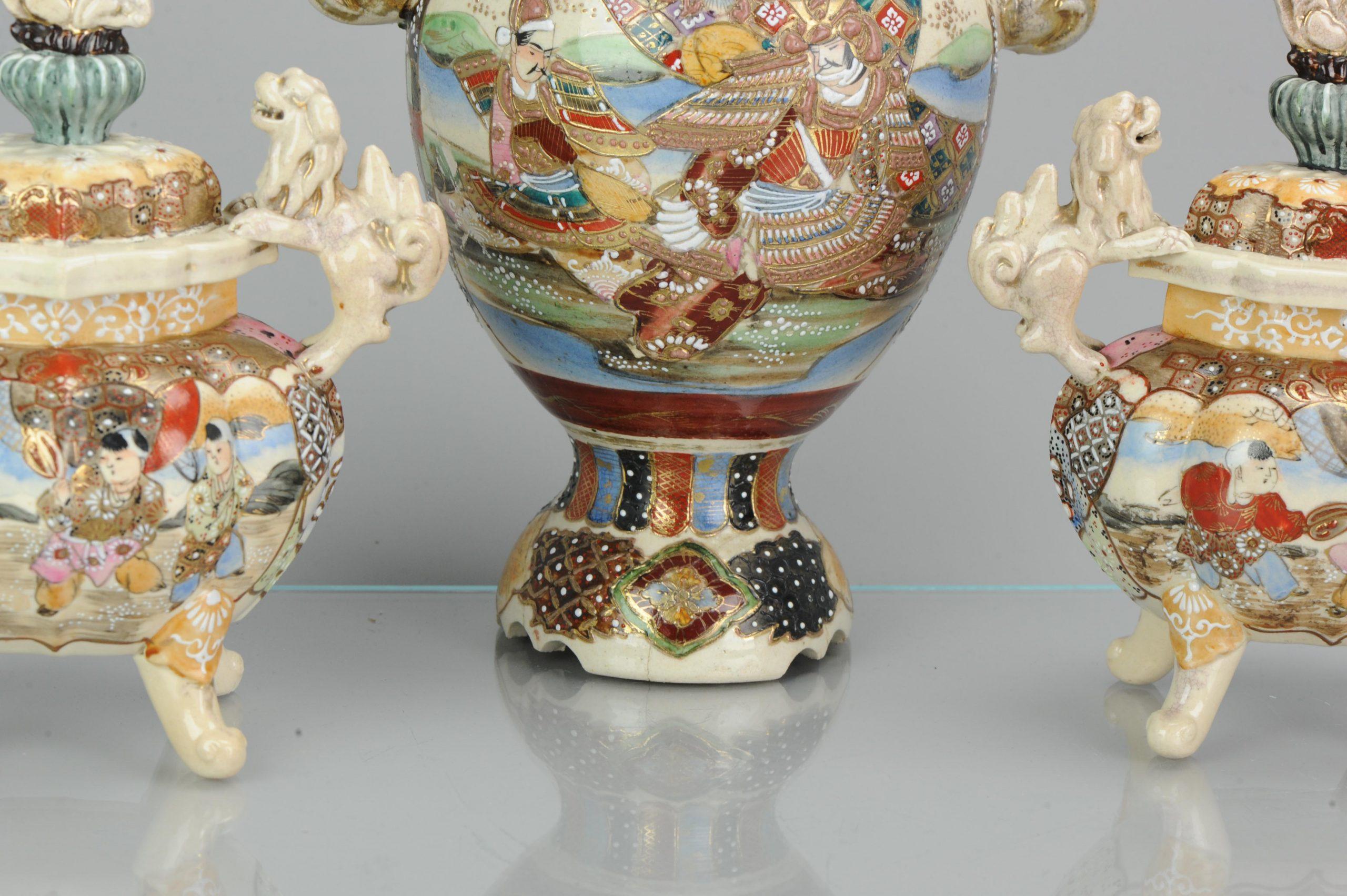 Porcelain Large 1900-1930 Satsuma Antique Garniture Japanese Colorful Vases, Japan For Sale