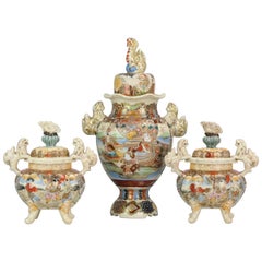 Large 1900-1930 Satsuma Vintage Garniture Japanese Colorful Vases, Japan