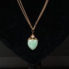 Large, 1900s Victorian Gold and Jade Heart Pendant with Brilliant Cut Diamonds