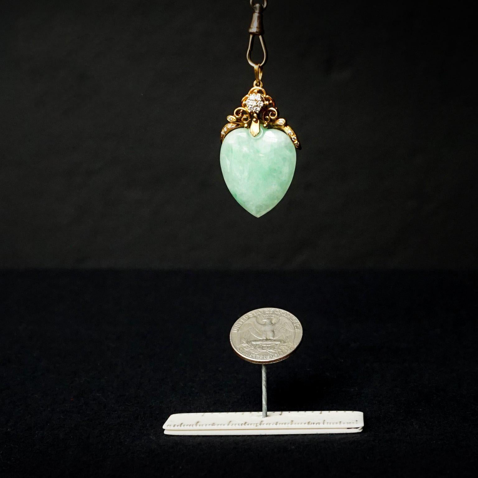 19th Century Large, 1900s Victorian Gold and Jade Heart Pendant with Brilliant Cut Diamonds