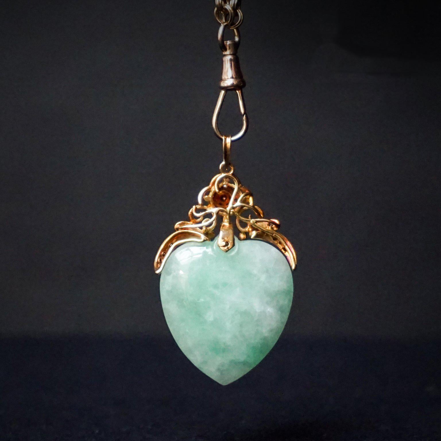 Large, 1900s Victorian Gold and Jade Heart Pendant with Brilliant Cut Diamonds 2