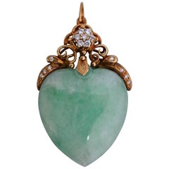 Antique Large, 1900s Victorian Gold and Jade Heart Pendant with Brilliant Cut Diamonds