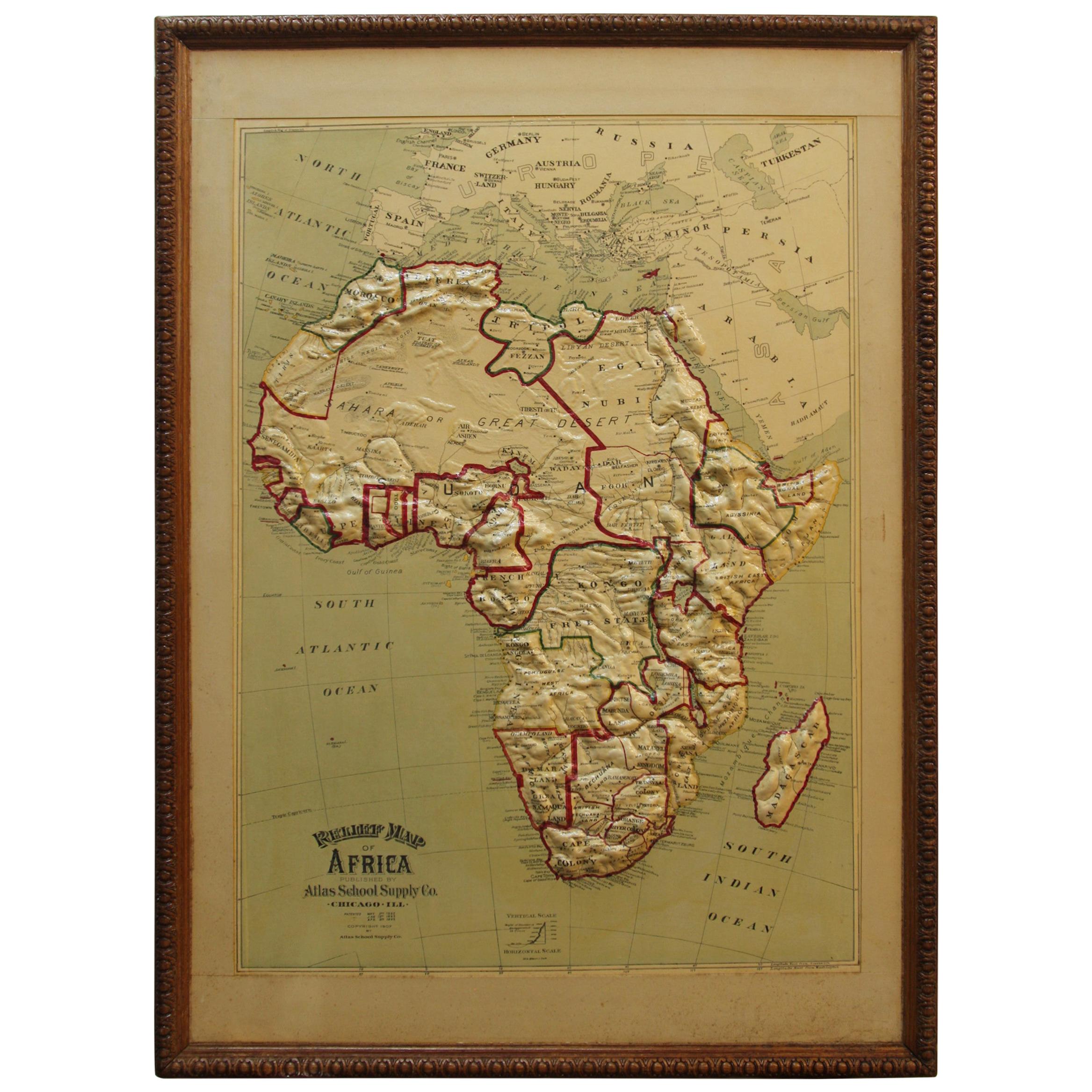 Large 1907 Vintage Relief Map of Africa by Atlas School Supply of Chicago