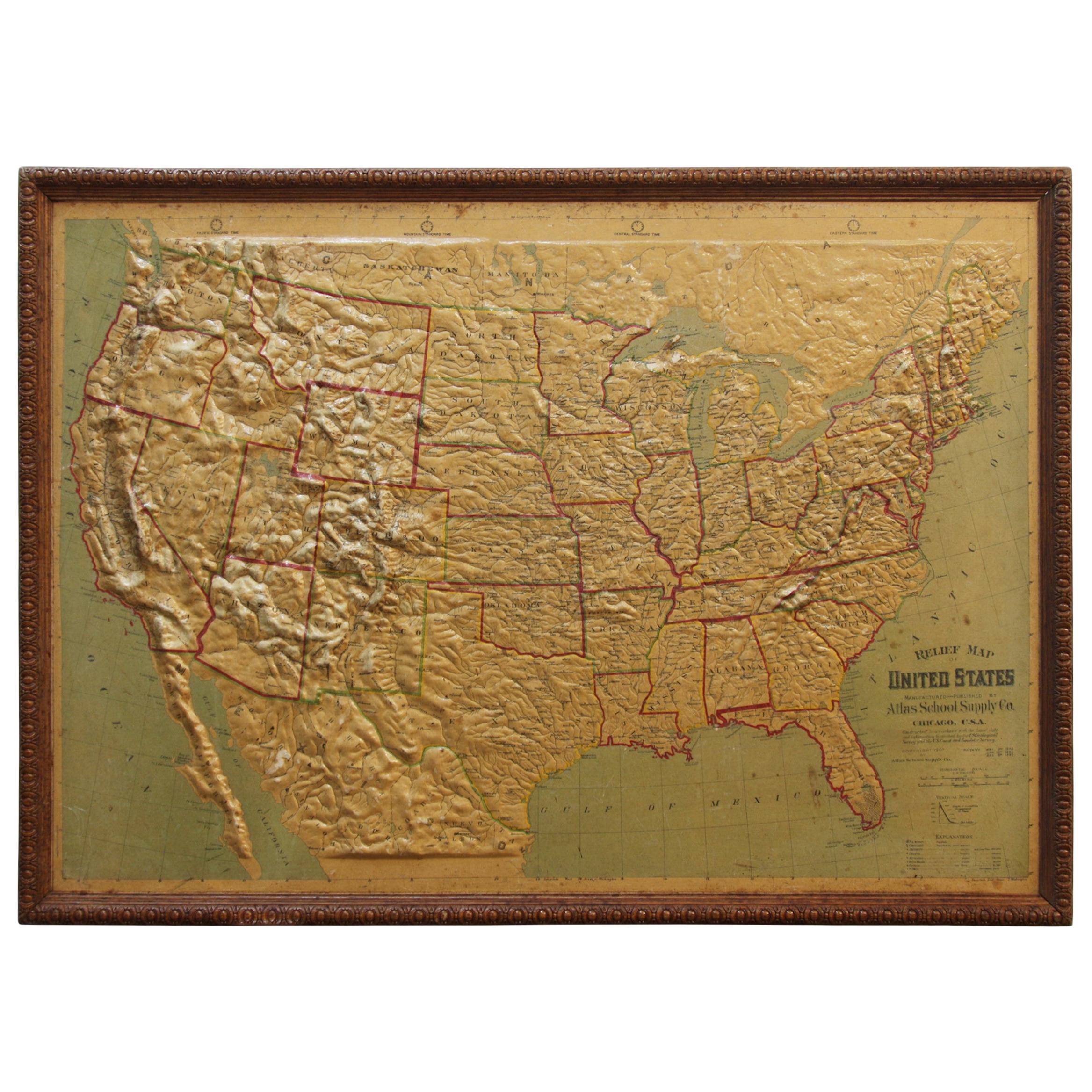 Large 1907 Vintage Relief Map of United States by Atlas School Supply of Chicago