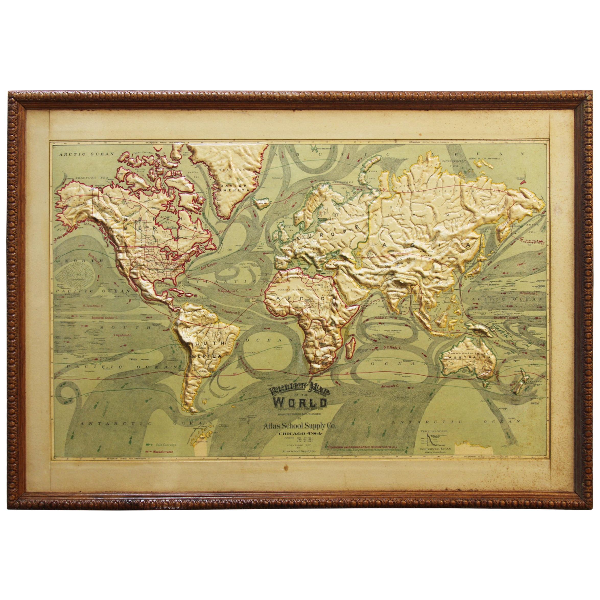 Large 1907 Vintage Relief Map of World by Atlas School Supply of Chicago