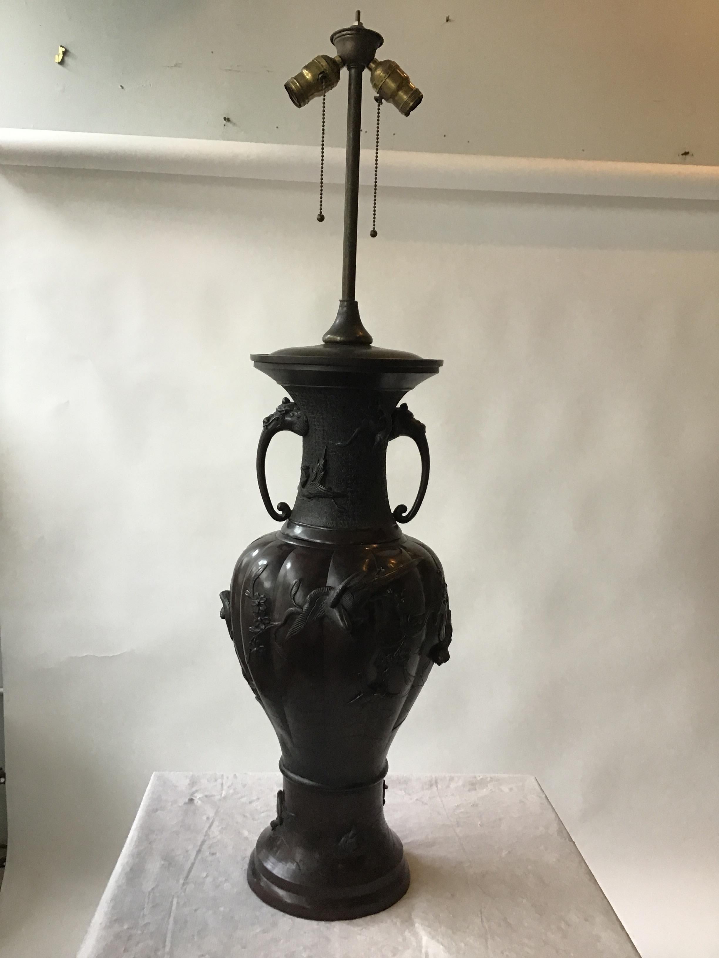Large 1910 Bronze Japanese Table Lamp In Good Condition For Sale In Tarrytown, NY