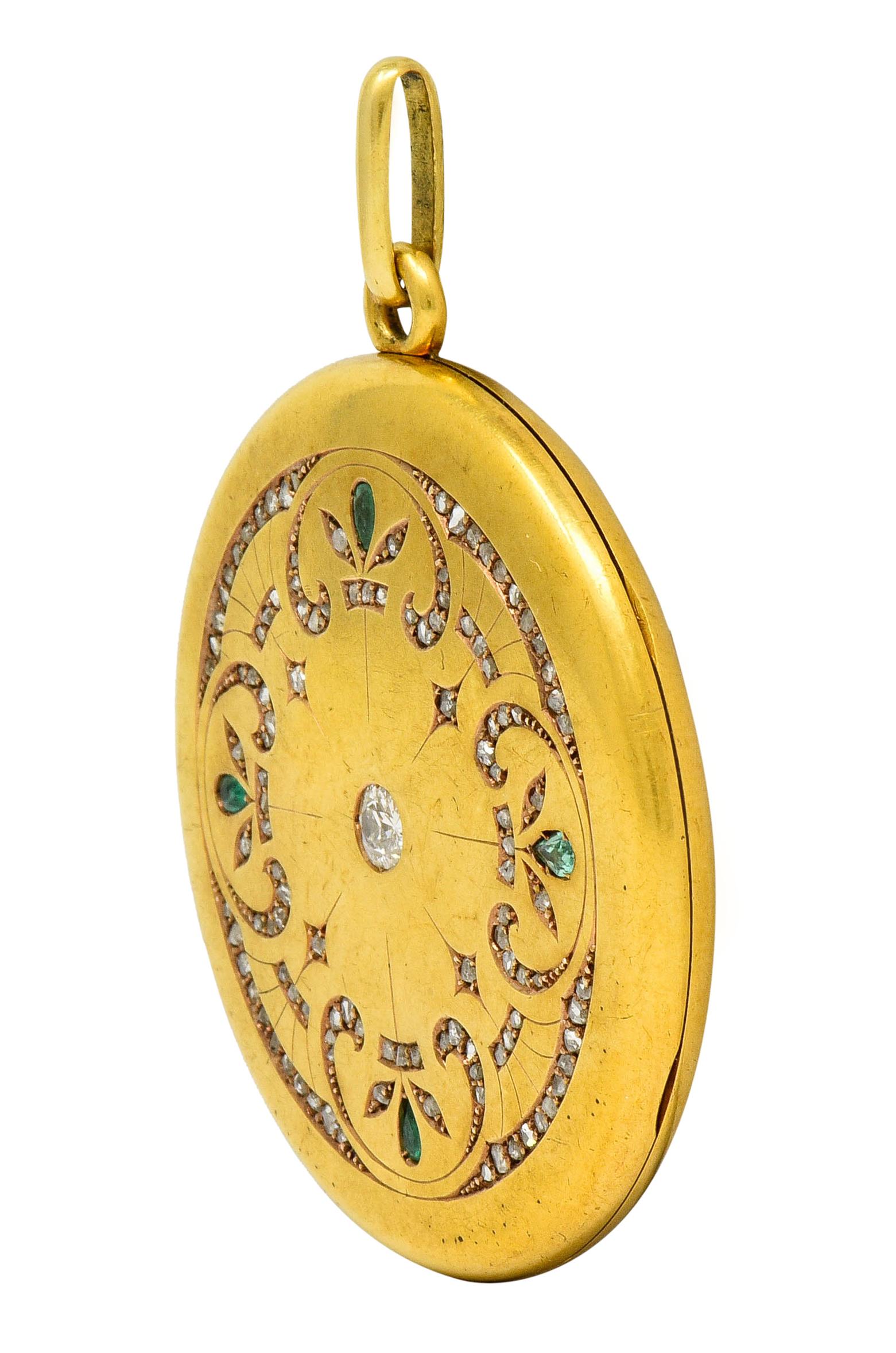 Großer 1911 Edwardian Diamant Smaragd 18 Karat Gelbgold Medaillon-Anhänger (Tropfenschliff)