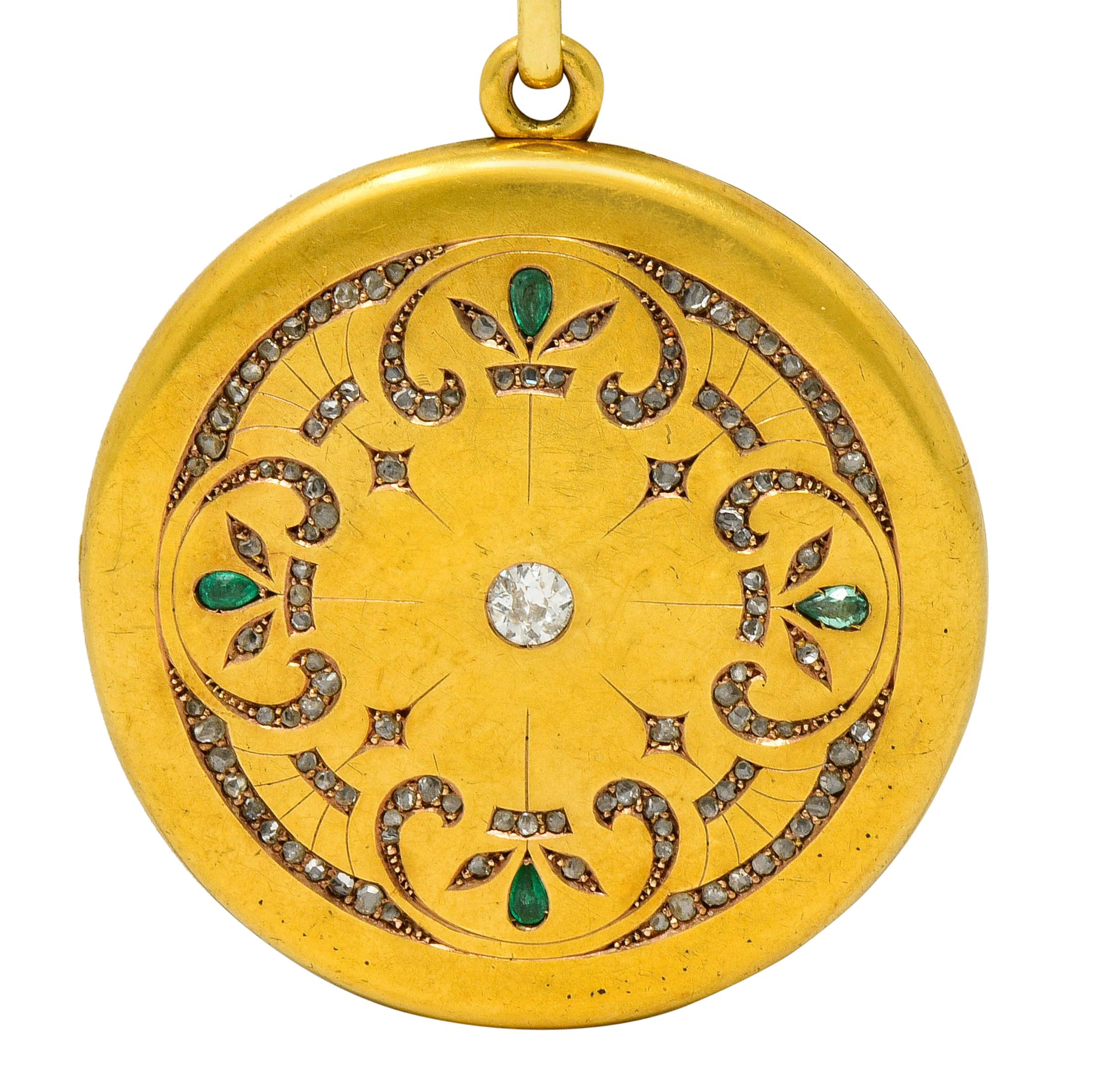 Großer 1911 Edwardian Diamant Smaragd 18 Karat Gelbgold Medaillon-Anhänger 1