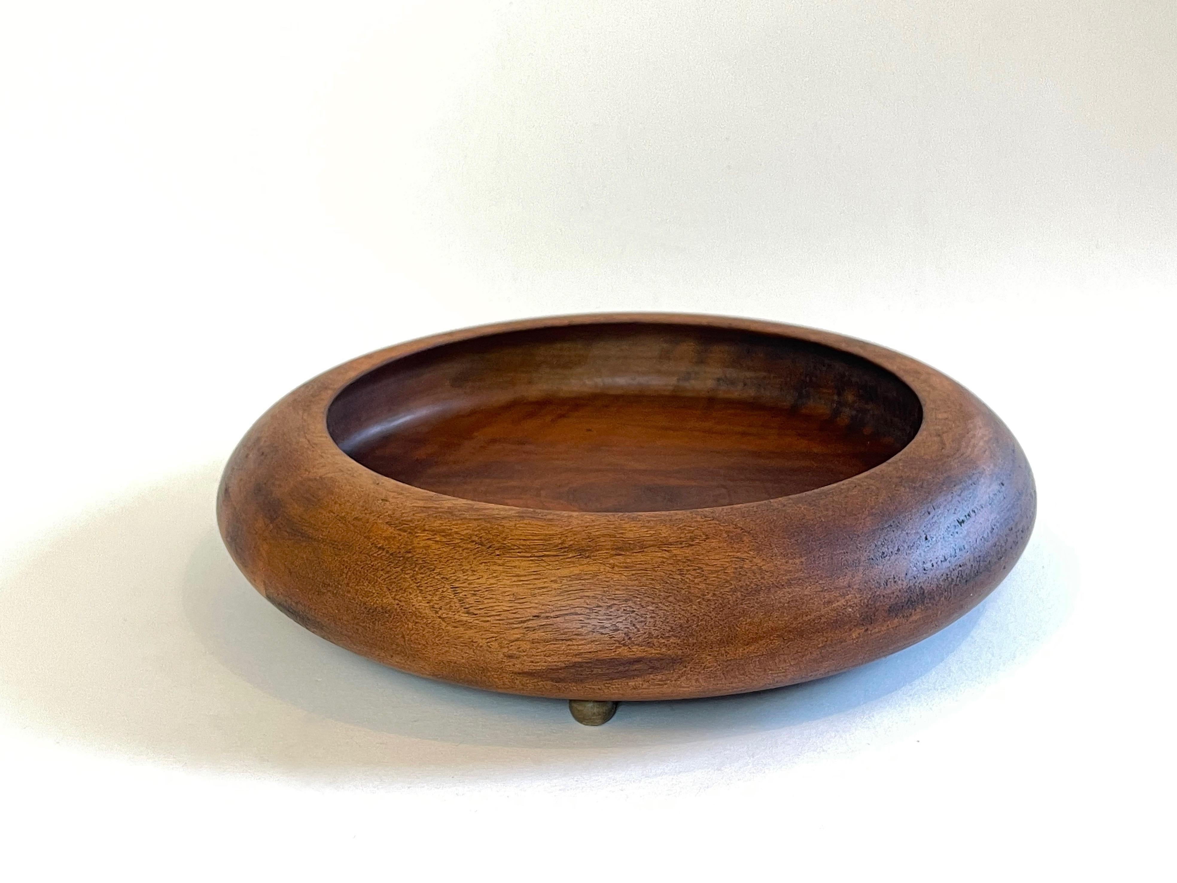 Large 1920s Art Deco Bowl Turned Walnut Wood & Brass Centerpiece, Germany 1
