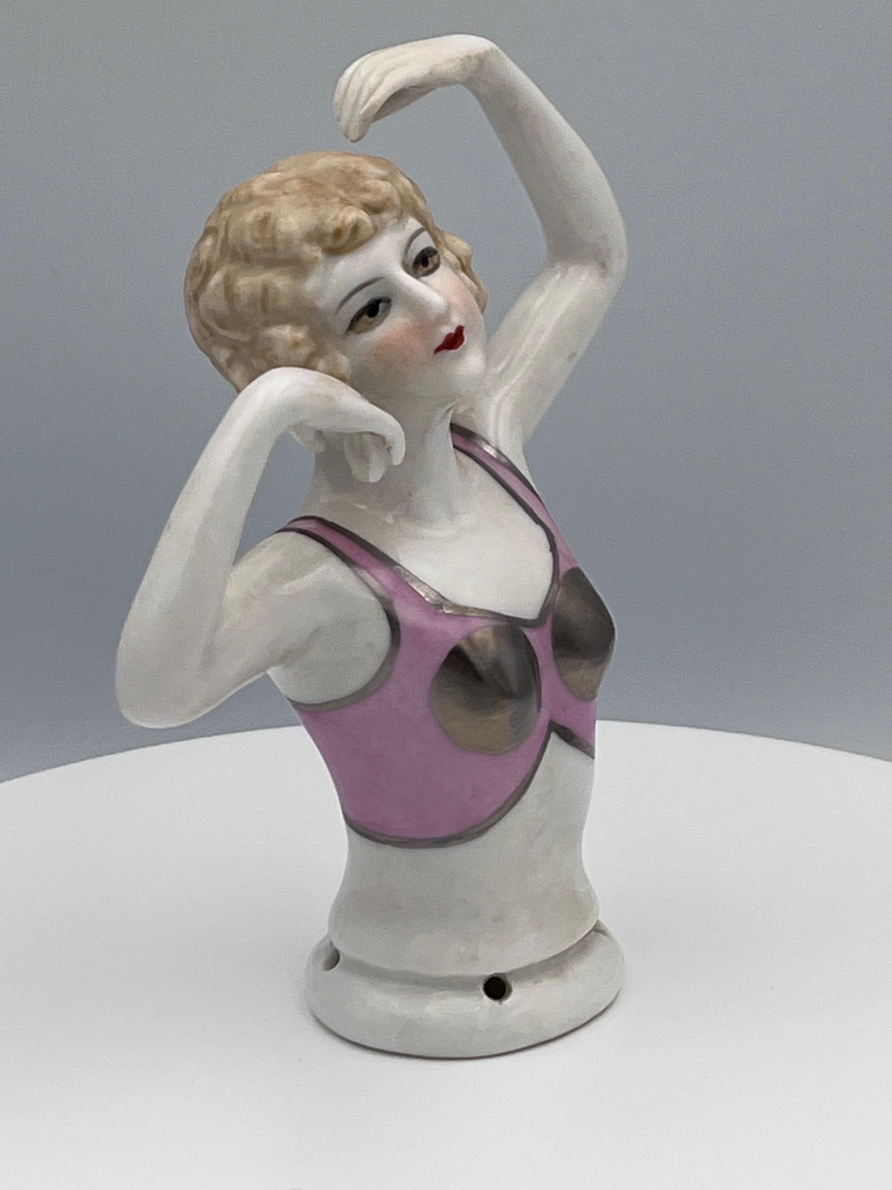 Large 1920s Art Deco Porcelain Half Doll, Flapper with Exotic Metallic Bustier For Sale 5