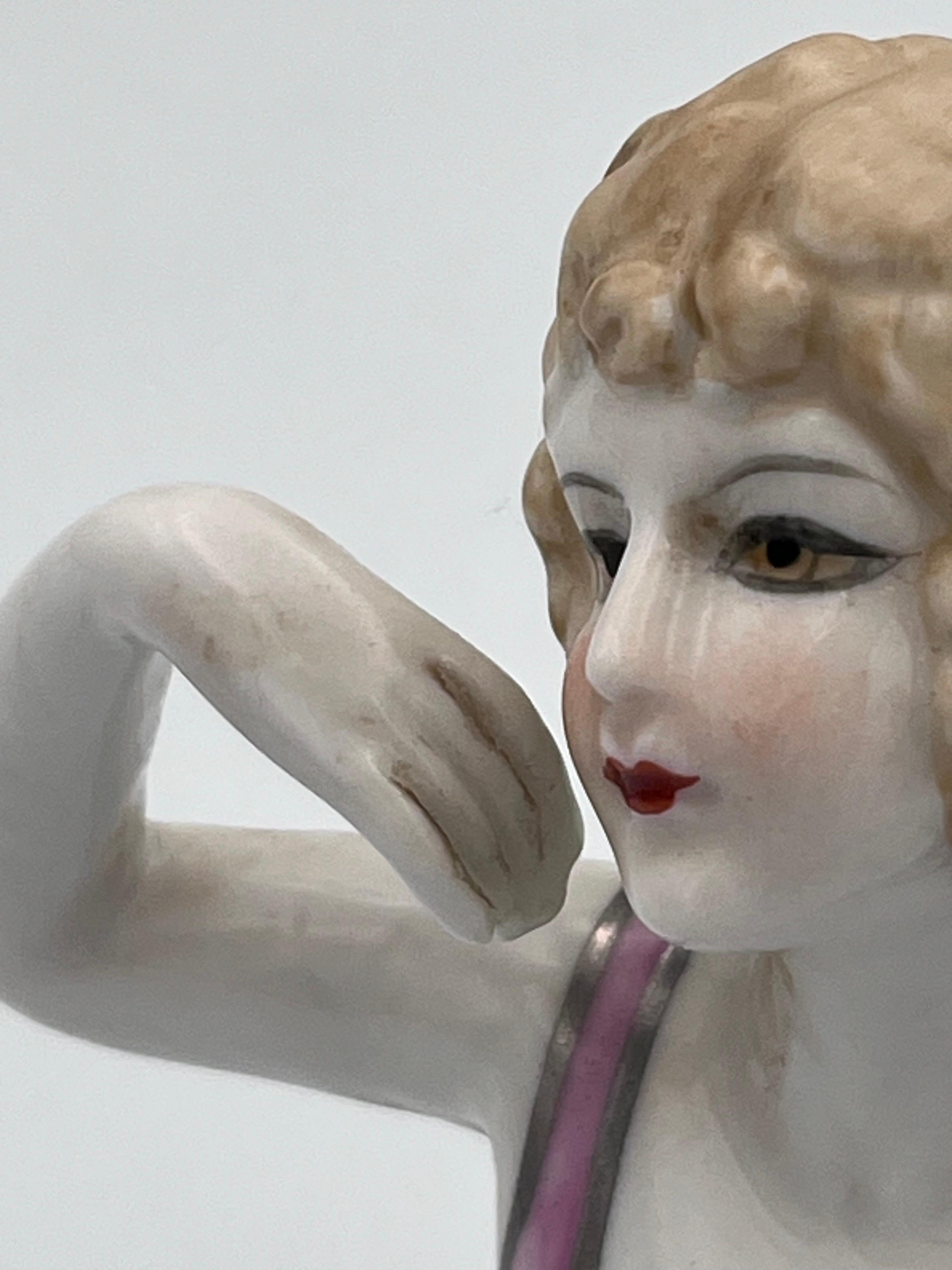 Large 1920s Art Deco Porcelain Half Doll, Flapper with Exotic Metallic Bustier For Sale 10