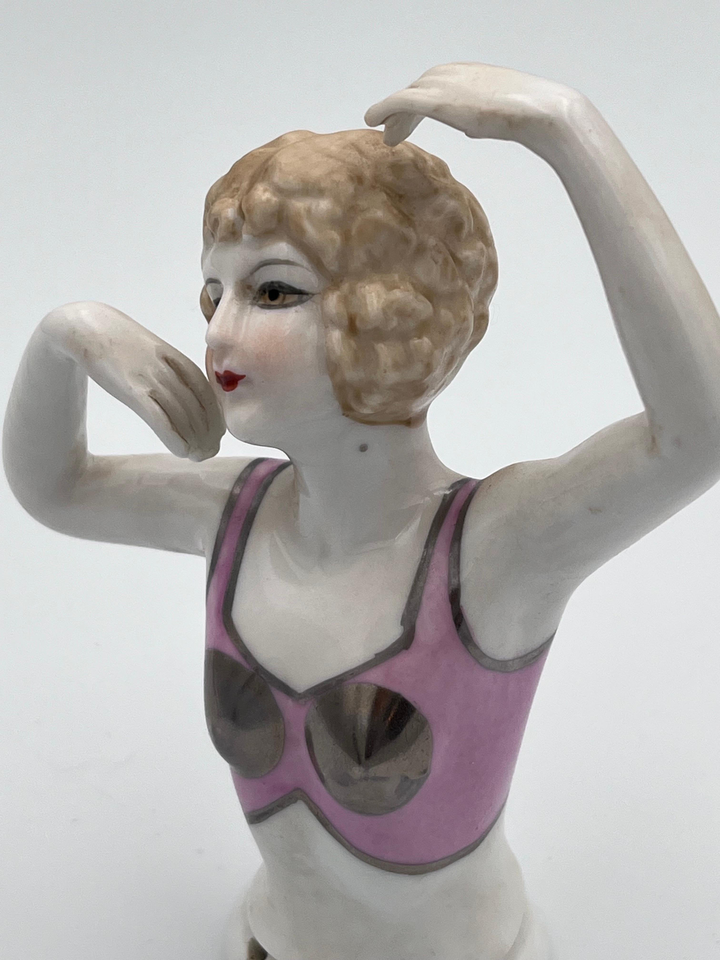 Large 1920s Art Deco Porcelain Half Doll, Flapper with Exotic Metallic Bustier For Sale 12