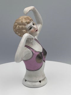 Large 1920s Art Deco Porcelain Half Doll, Flapper with Exotic Metallic Bustier