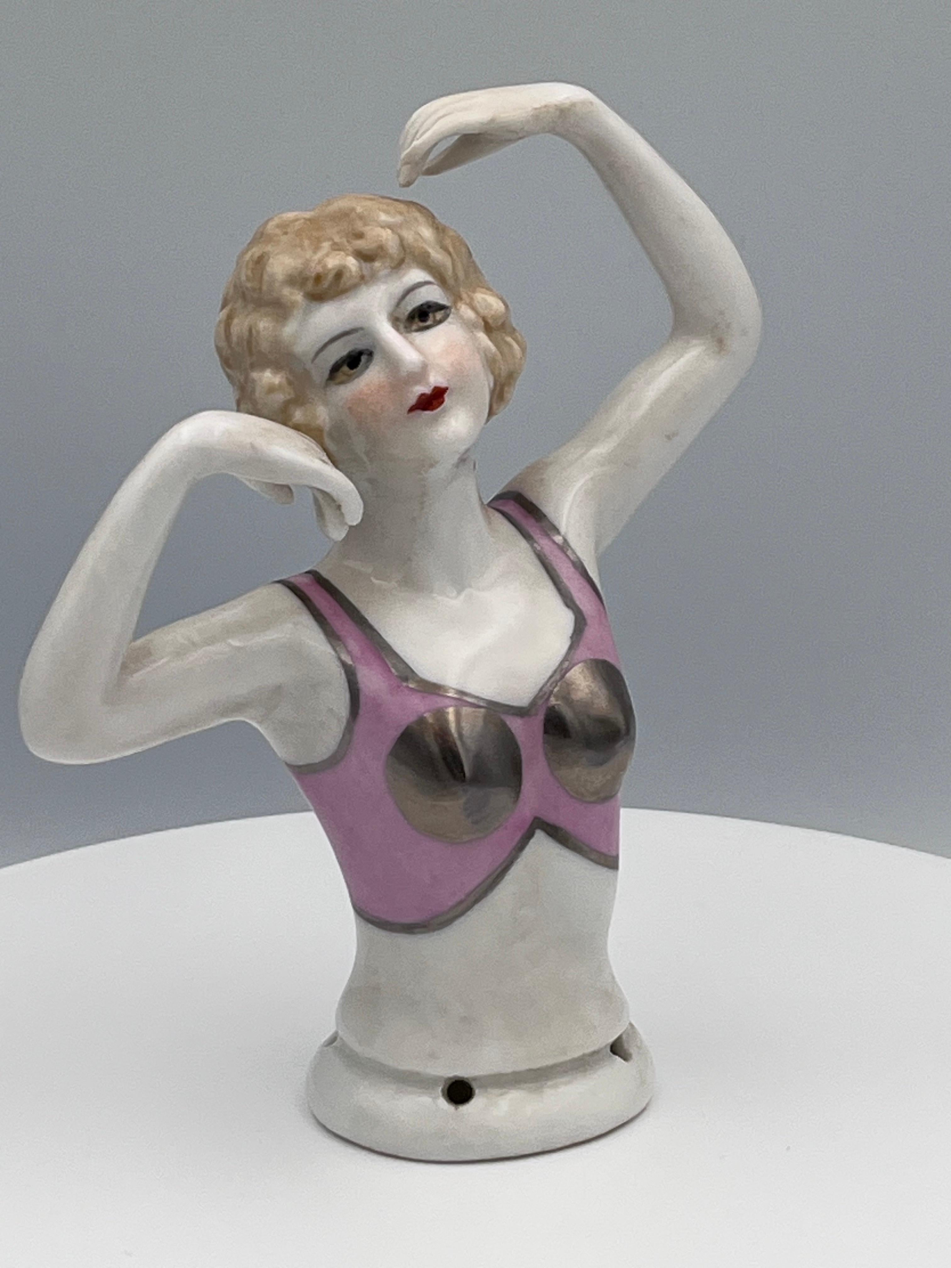 Glazed Large 1920s Art Deco Porcelain Half Doll, Flapper with Exotic Metallic Bustier For Sale