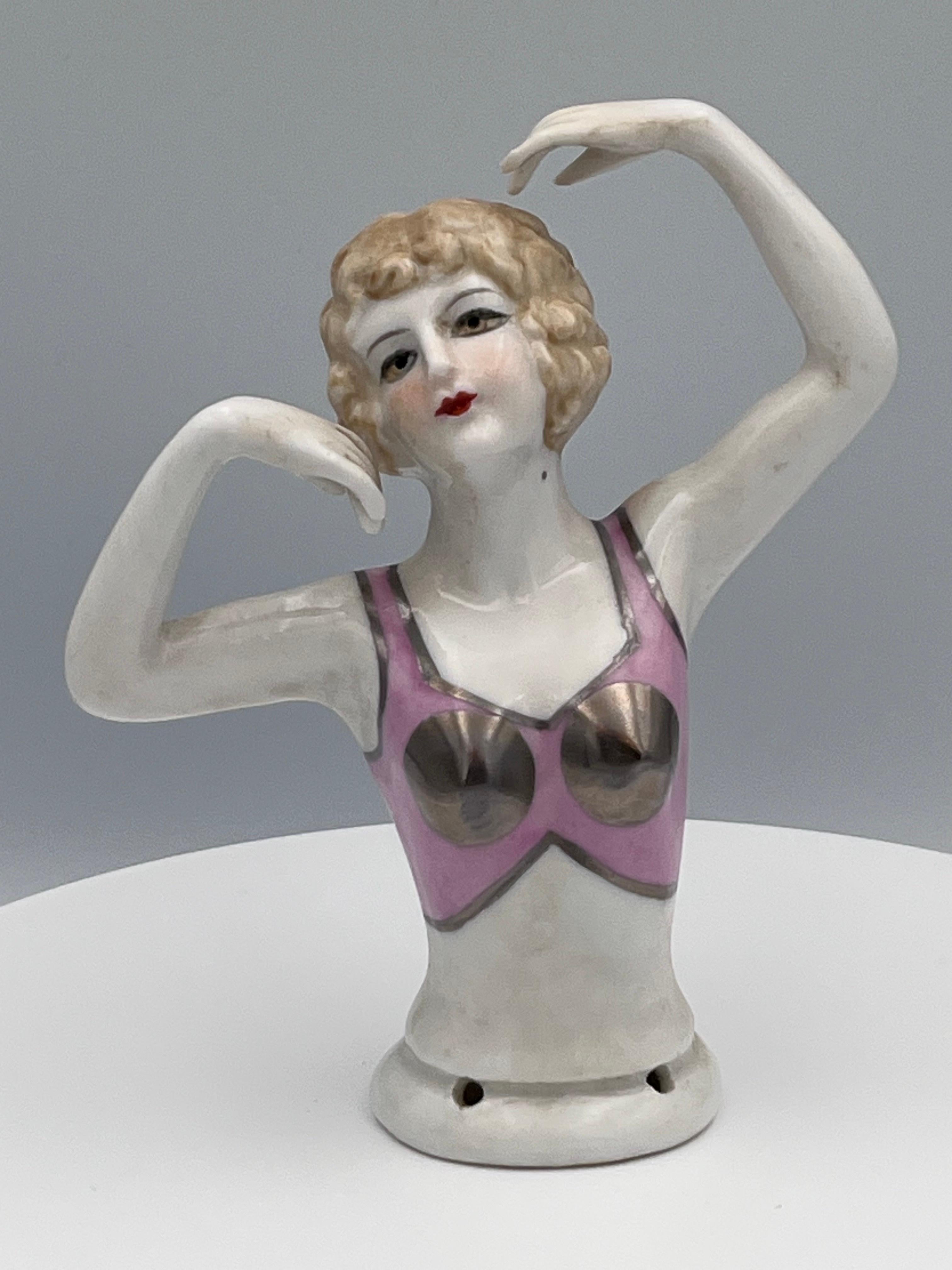 Large 1920s Art Deco Porcelain Half Doll, Flapper with Exotic Metallic Bustier In Excellent Condition For Sale In Red Lion, PA