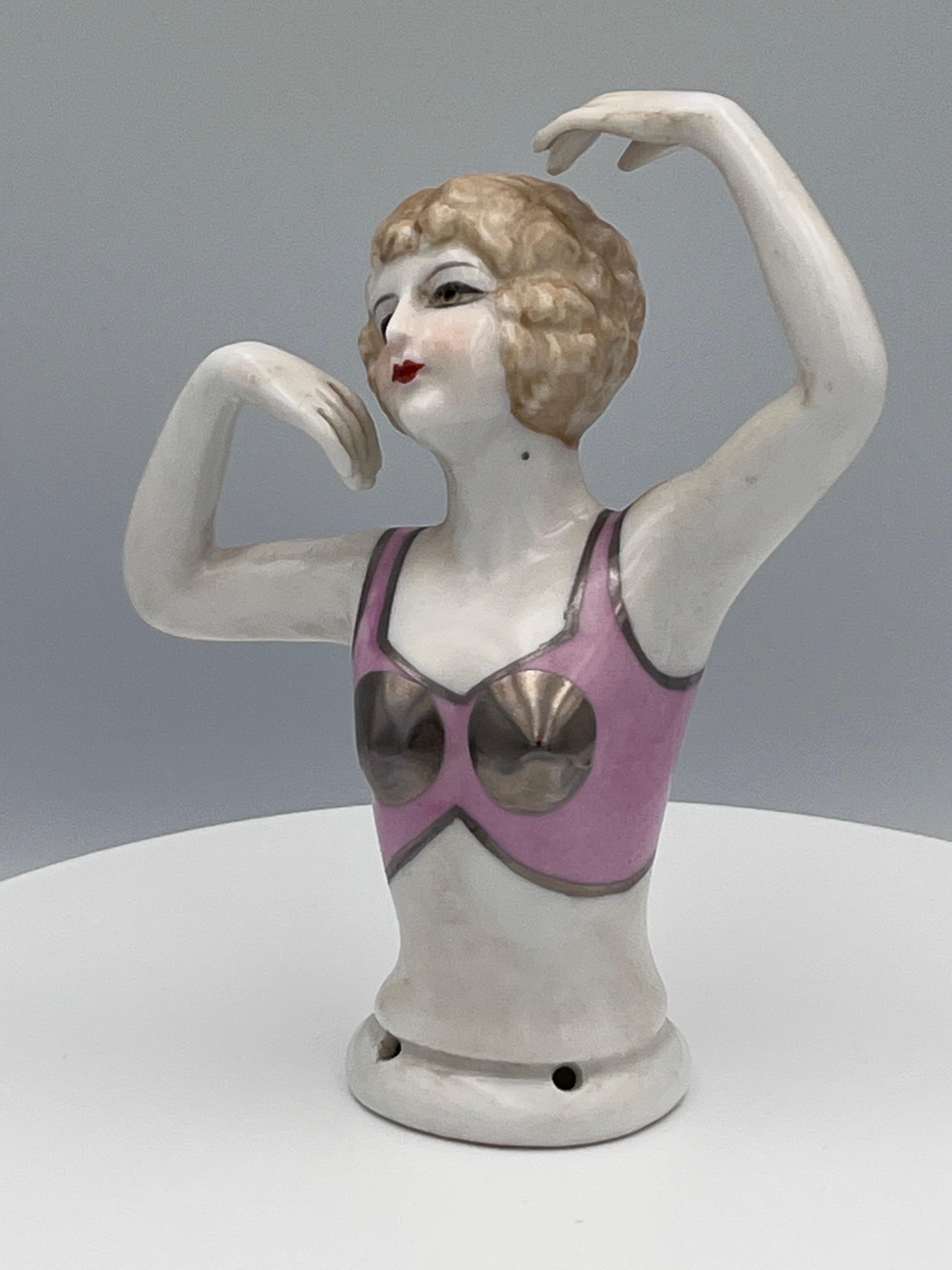 Early 20th Century Large 1920s Art Deco Porcelain Half Doll, Flapper with Exotic Metallic Bustier For Sale