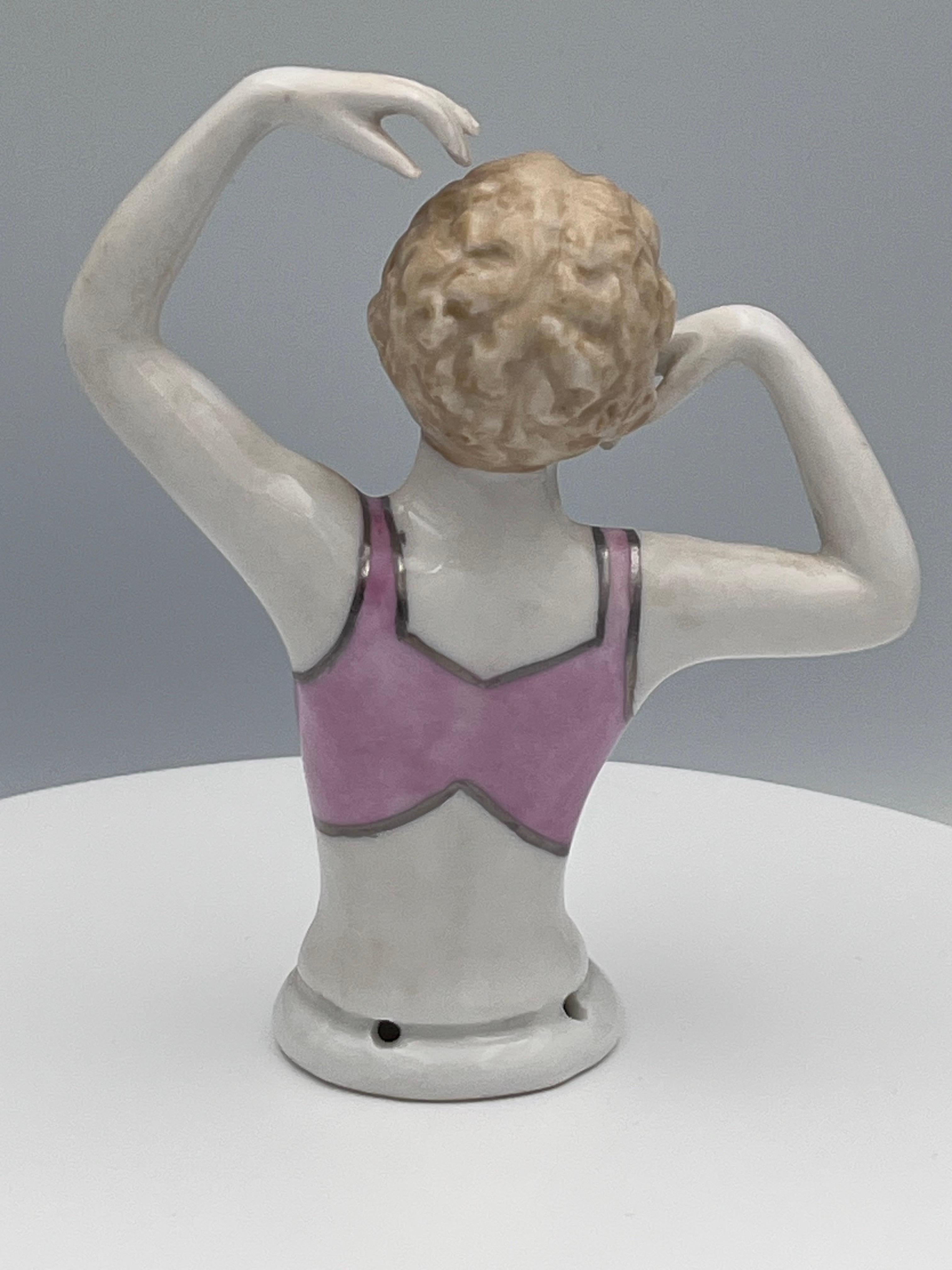 Large 1920s Art Deco Porcelain Half Doll, Flapper with Exotic Metallic Bustier For Sale 3
