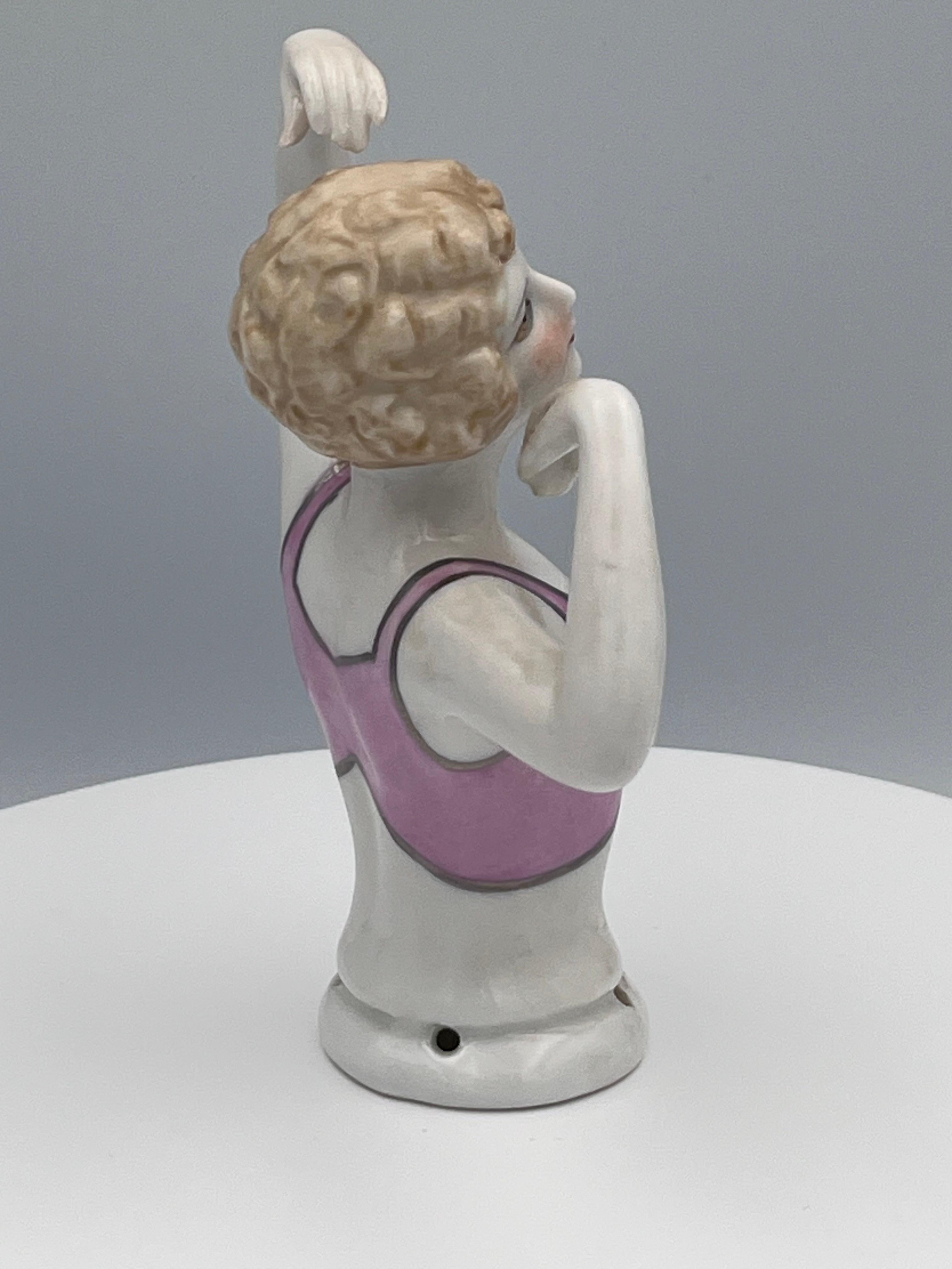 Large 1920s Art Deco Porcelain Half Doll, Flapper with Exotic Metallic Bustier For Sale 4