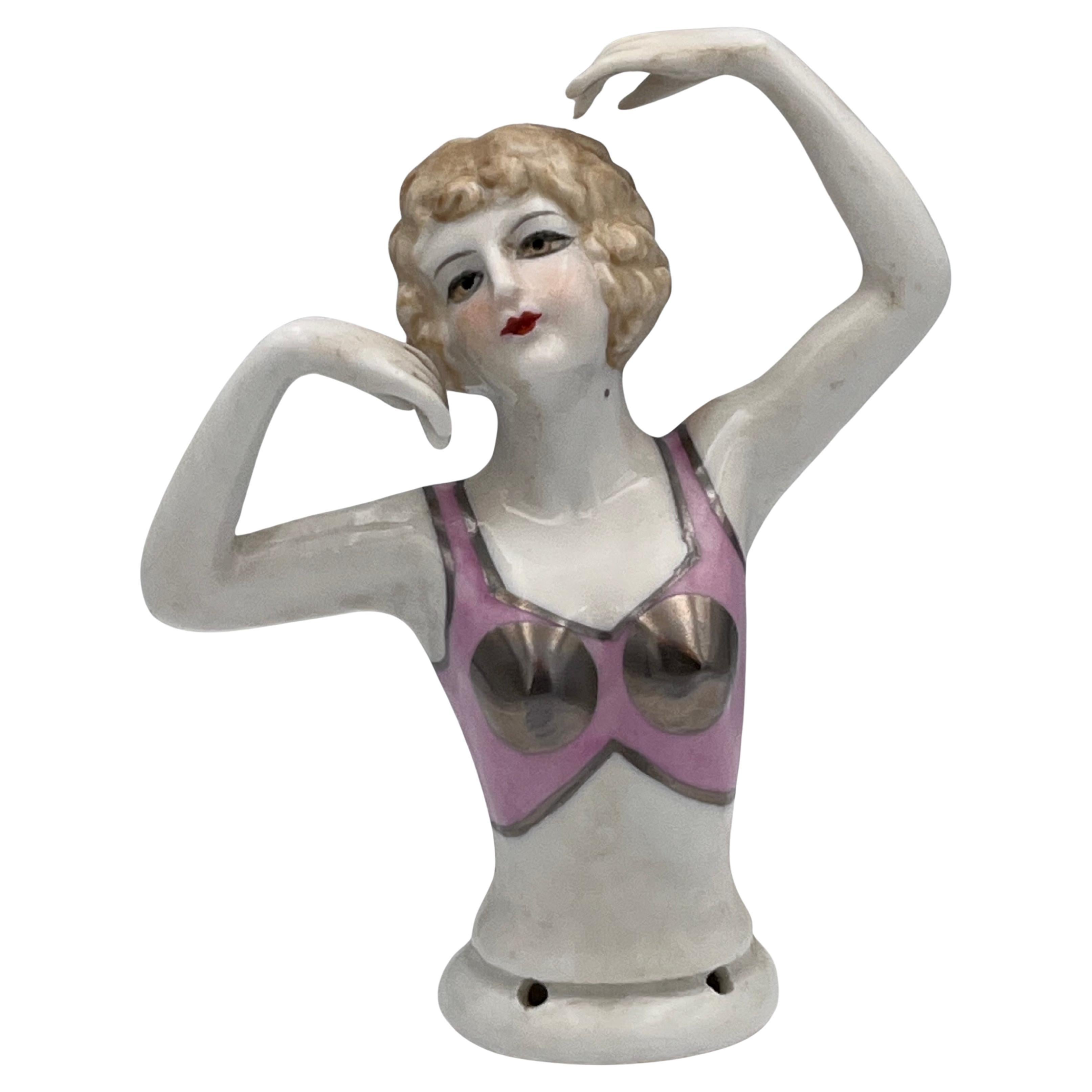 Large 1920s Art Deco Porcelain Half Doll, Flapper with Exotic Metallic Bustier For Sale